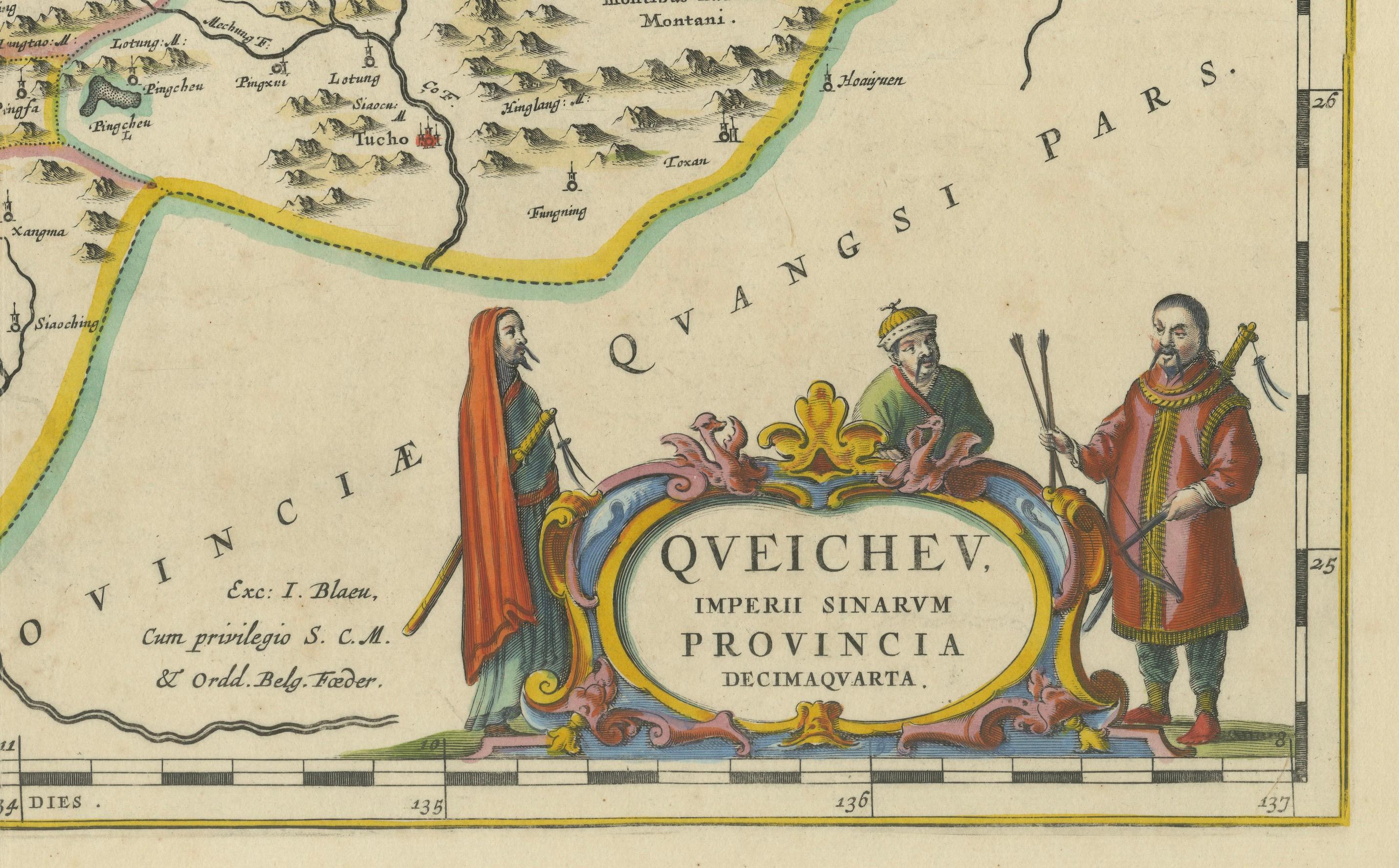 Engraved OriginaAntique 17th-Century Map of Guizhou Province, China – (Qveichev) by Blaeu For Sale