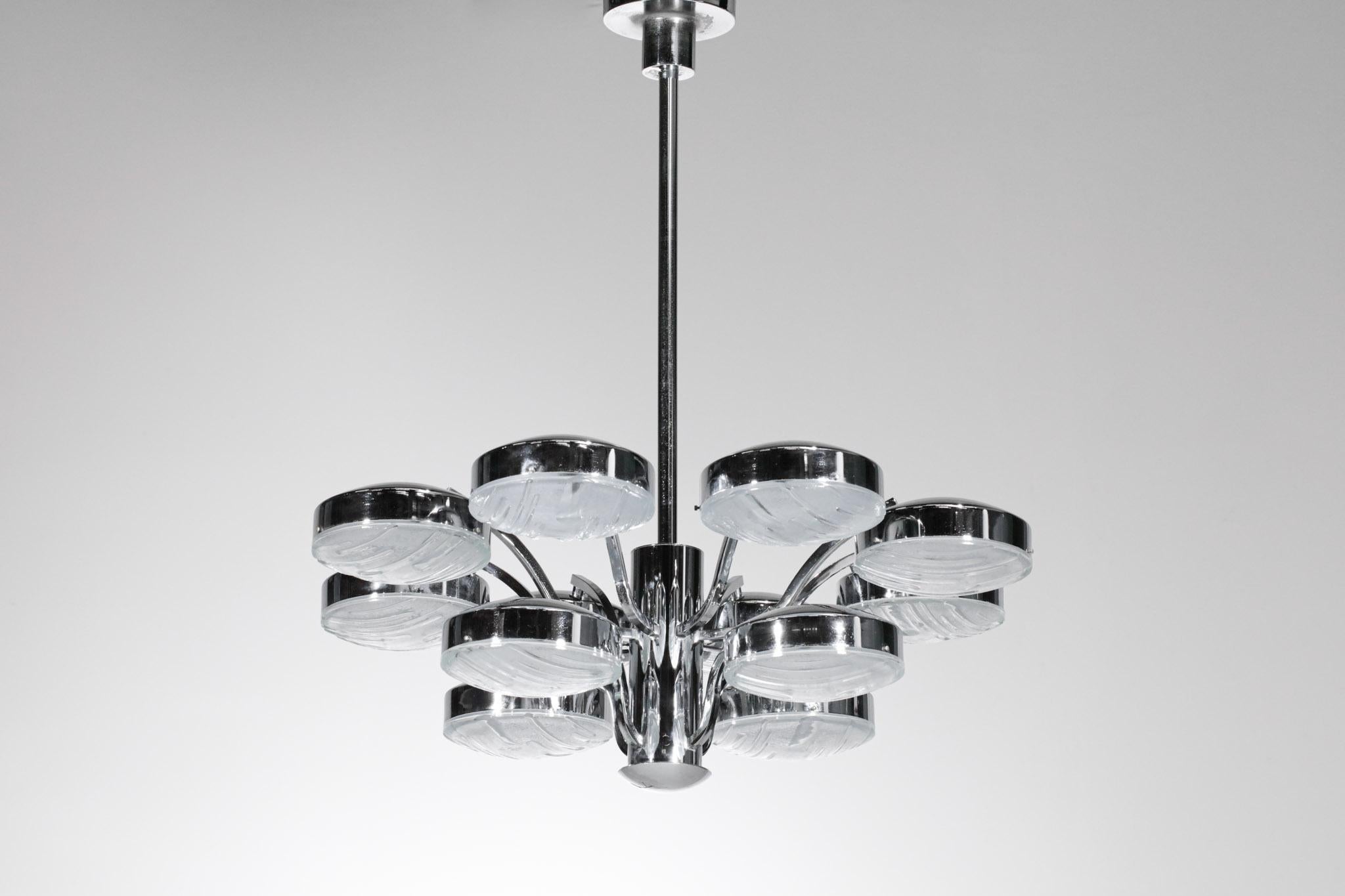 Late 20th Century Original Italian Chandelier from 70's Chrome Plated Metal & Glass Tiles- G084 For Sale
