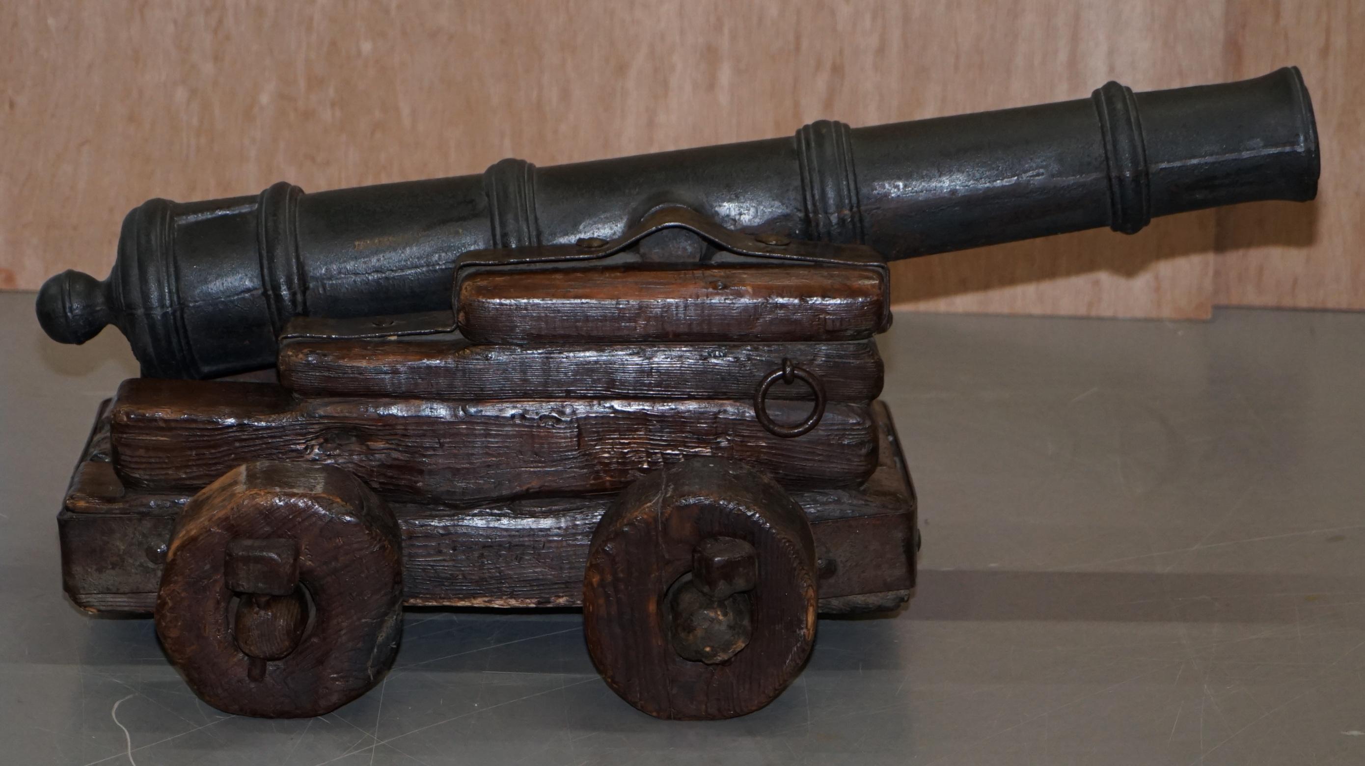 Original 16th Century Ships Naval Cannon Timber Base with Later Bronze Cannon 2