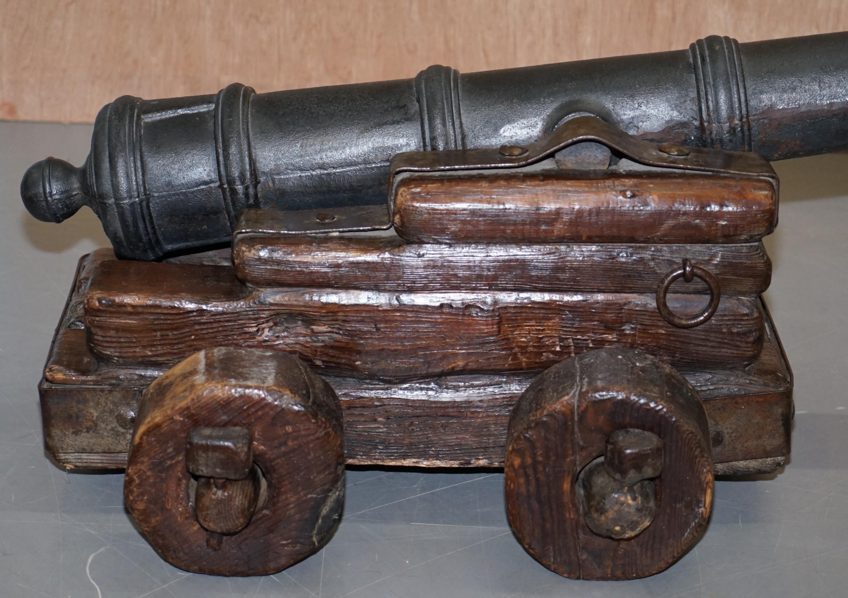 Original 16th Century Ships Naval Cannon Timber Base with Later Bronze Cannon 3