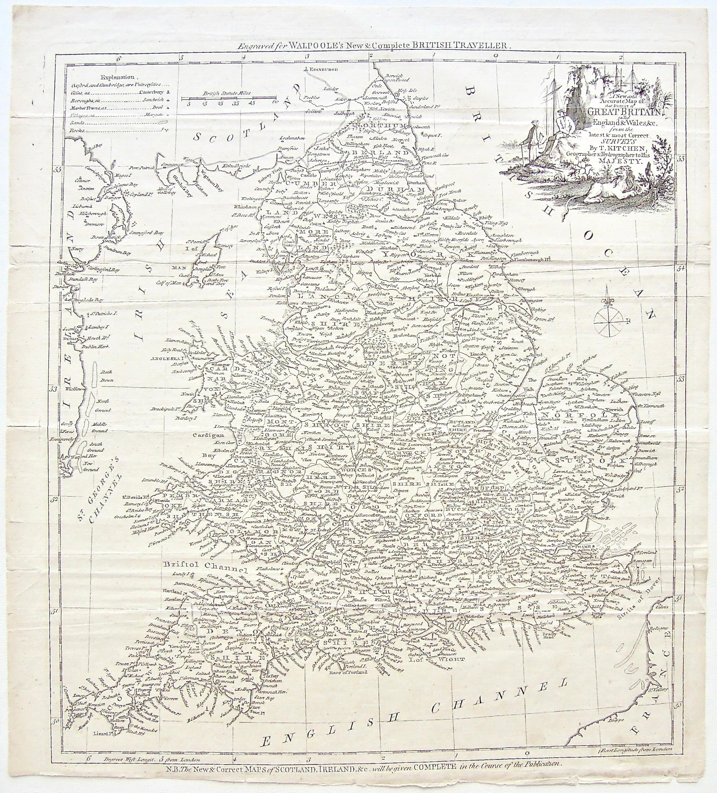 Engraved Original 1700s Map of Great Britain, England & Wales in 1757 by Thomas Kitchin For Sale