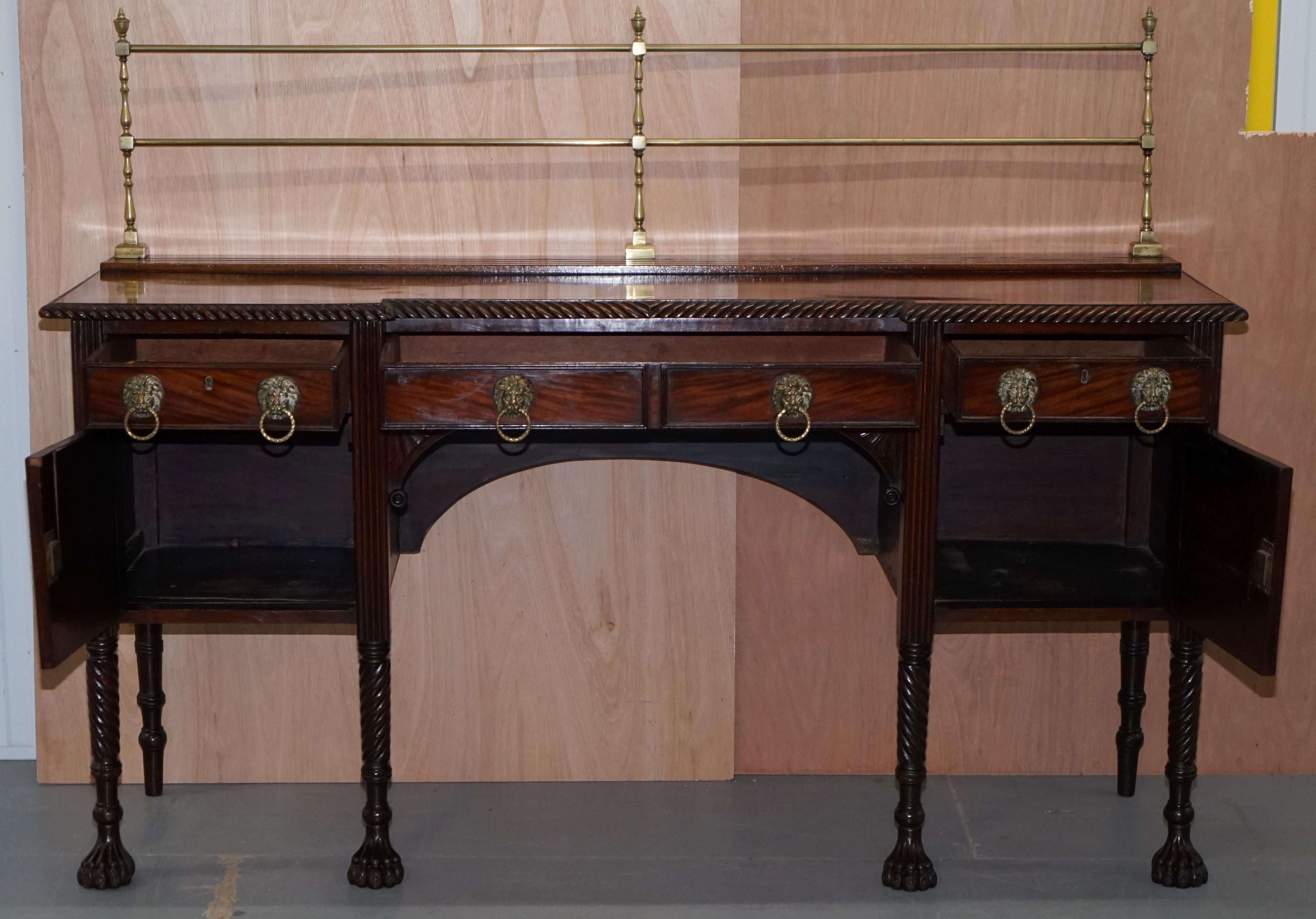 Original 1790 Georgian Irish Hardwood Sideboard with Brass Gallery Lion Handles For Sale 9