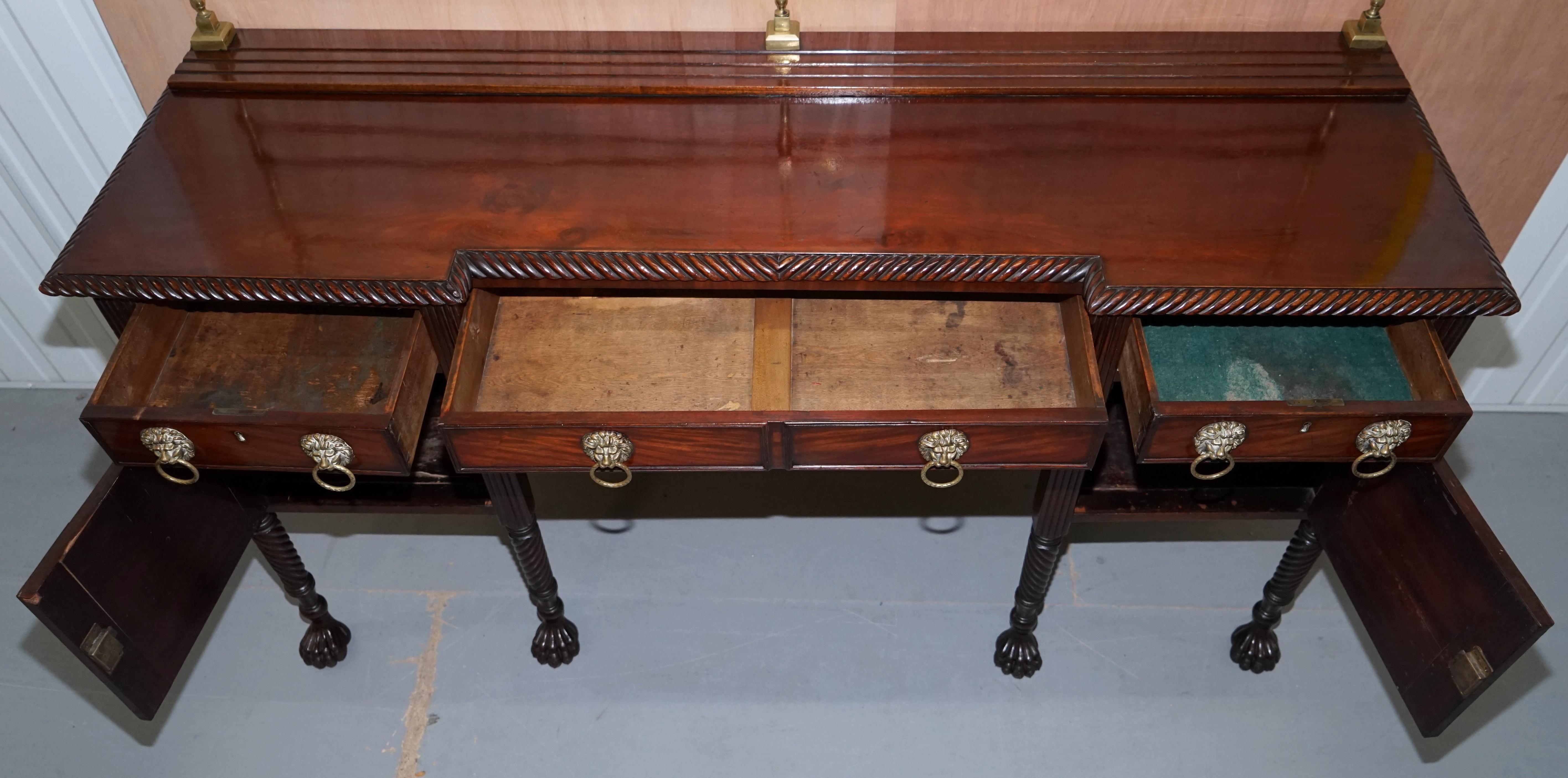 Original 1790 Georgian Irish Hardwood Sideboard with Brass Gallery Lion Handles For Sale 11