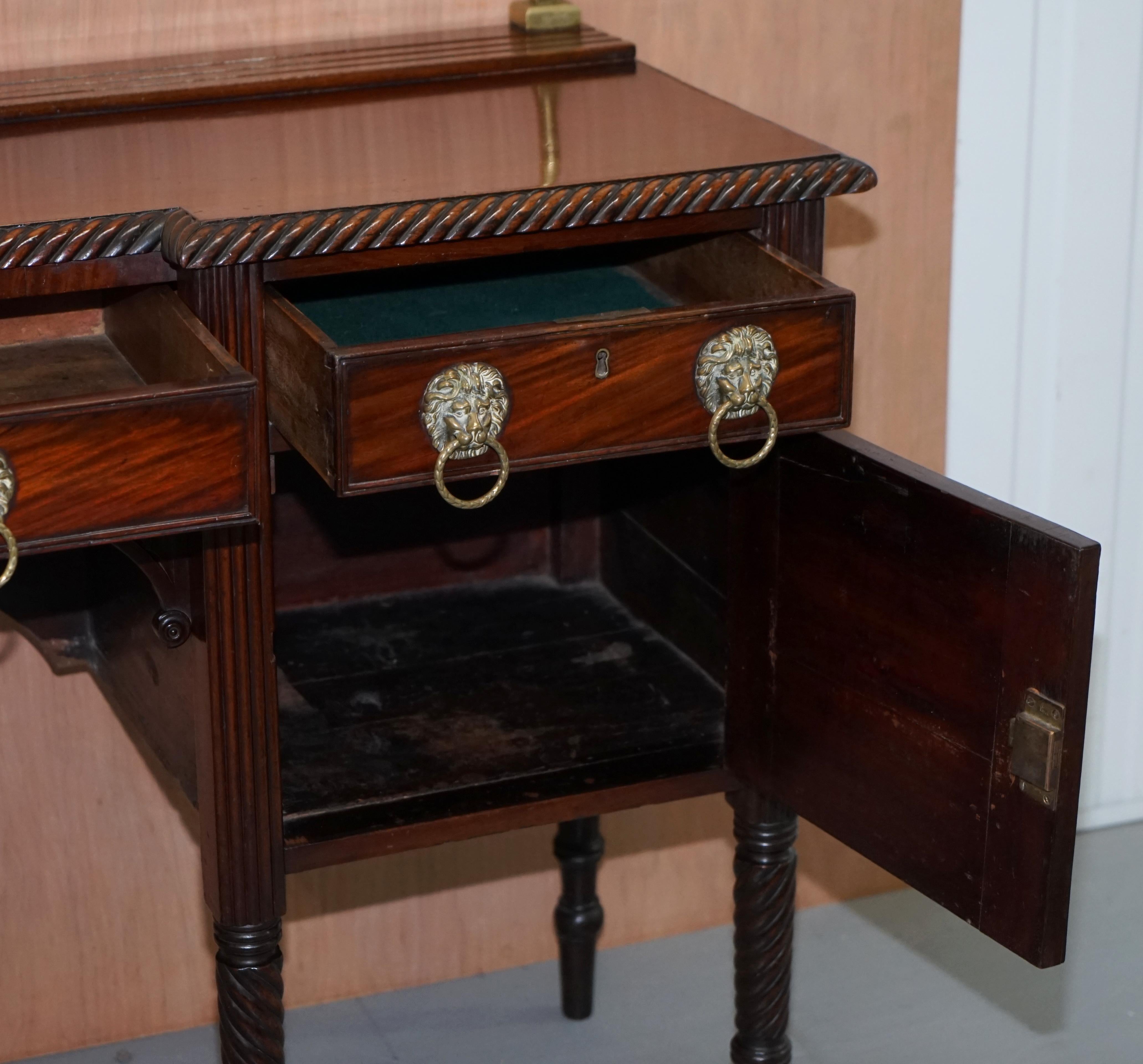 Original 1790 Georgian Irish Hardwood Sideboard with Brass Gallery Lion Handles For Sale 12