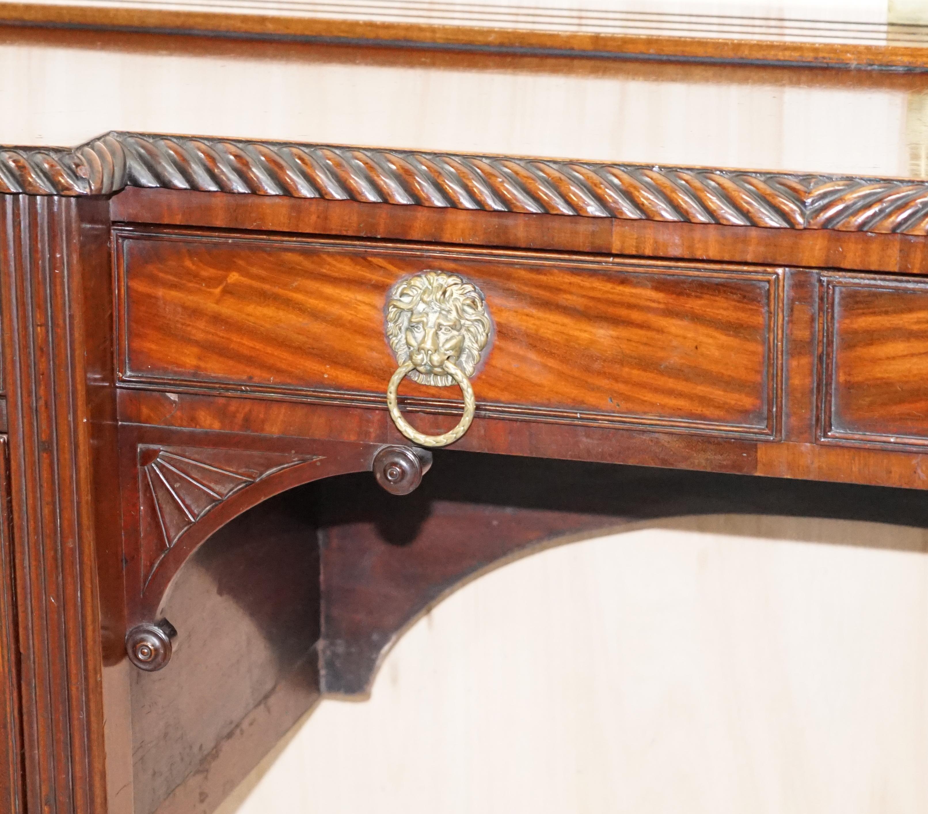 Original 1790 Georgian Irish Hardwood Sideboard with Brass Gallery Lion Handles For Sale 1