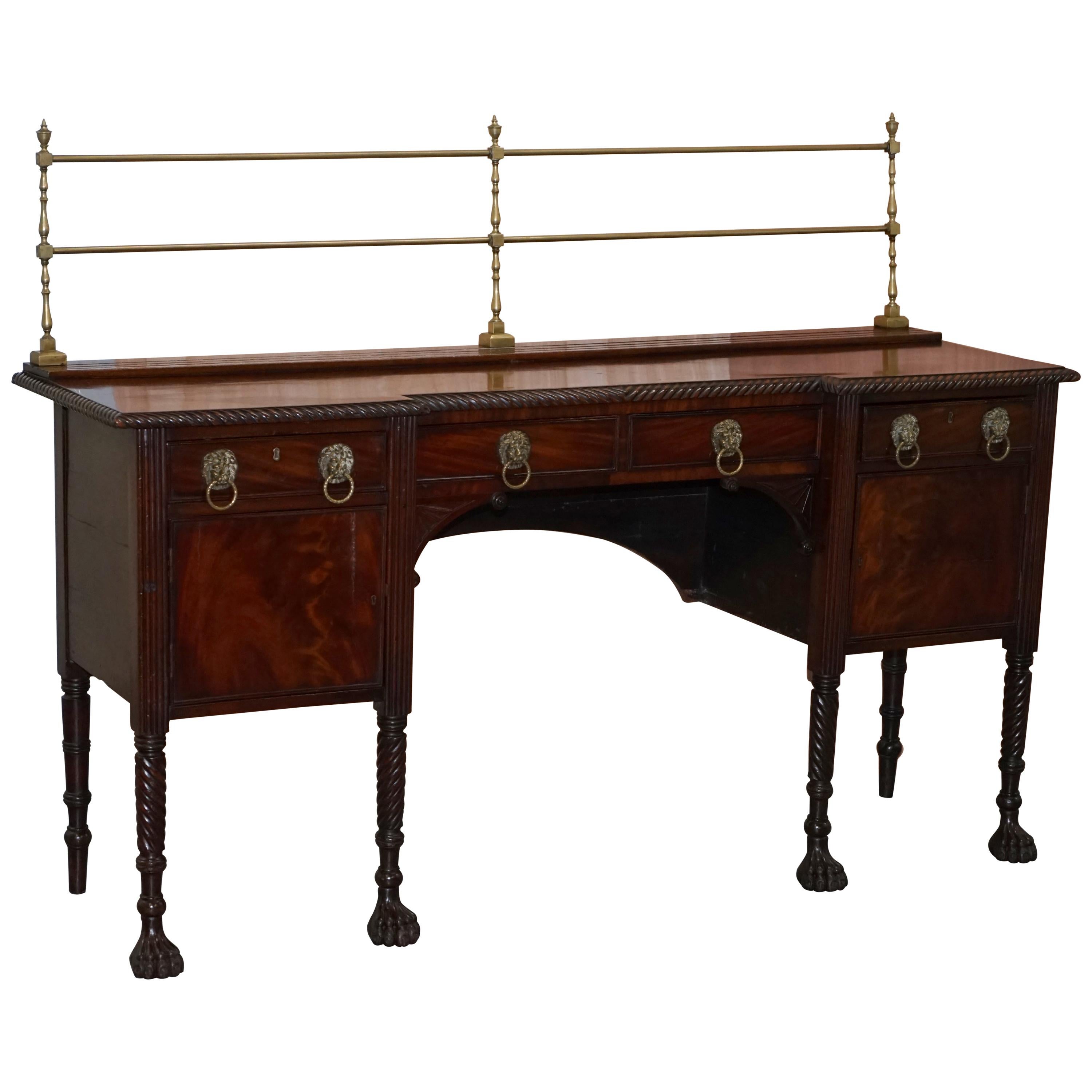 Original 1790 Georgian Irish Hardwood Sideboard with Brass Gallery Lion Handles For Sale