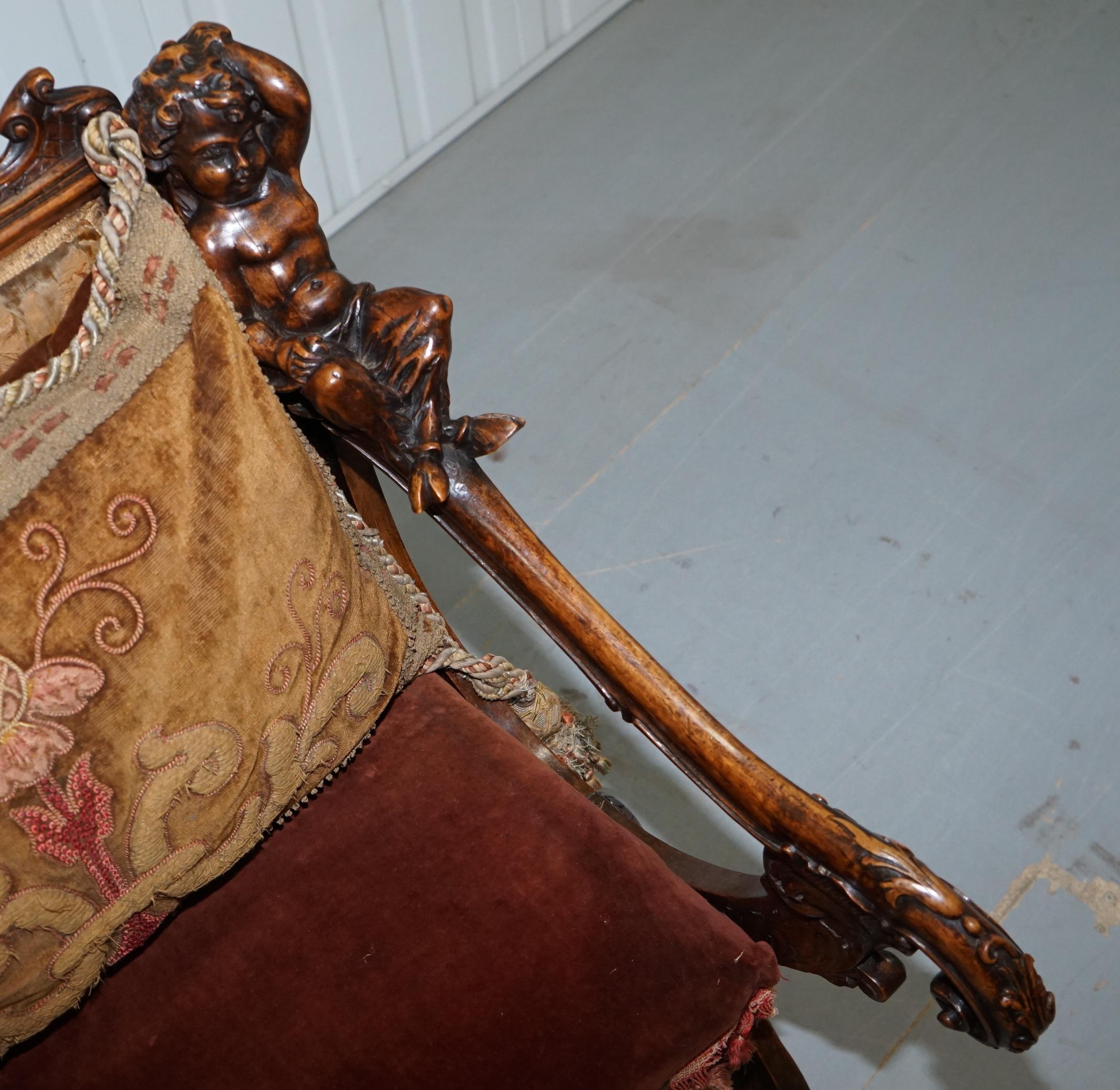 Velvet Original 17th Century Andrea Brustolon Hand Carved Italian Walnut Armchair For Sale