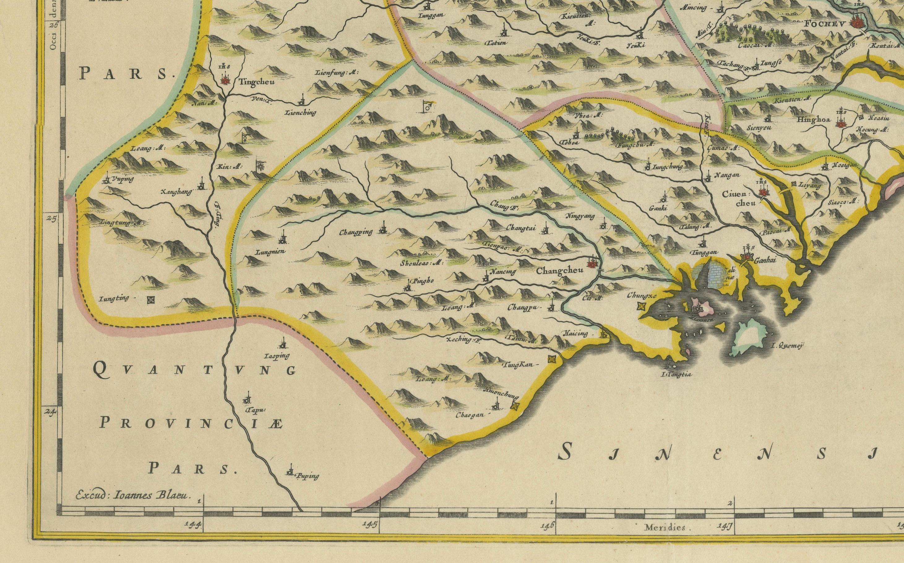 Engraved Original 17th-Century Antique Map of Fujian (Fokien) Province, China –  by Blaeu For Sale