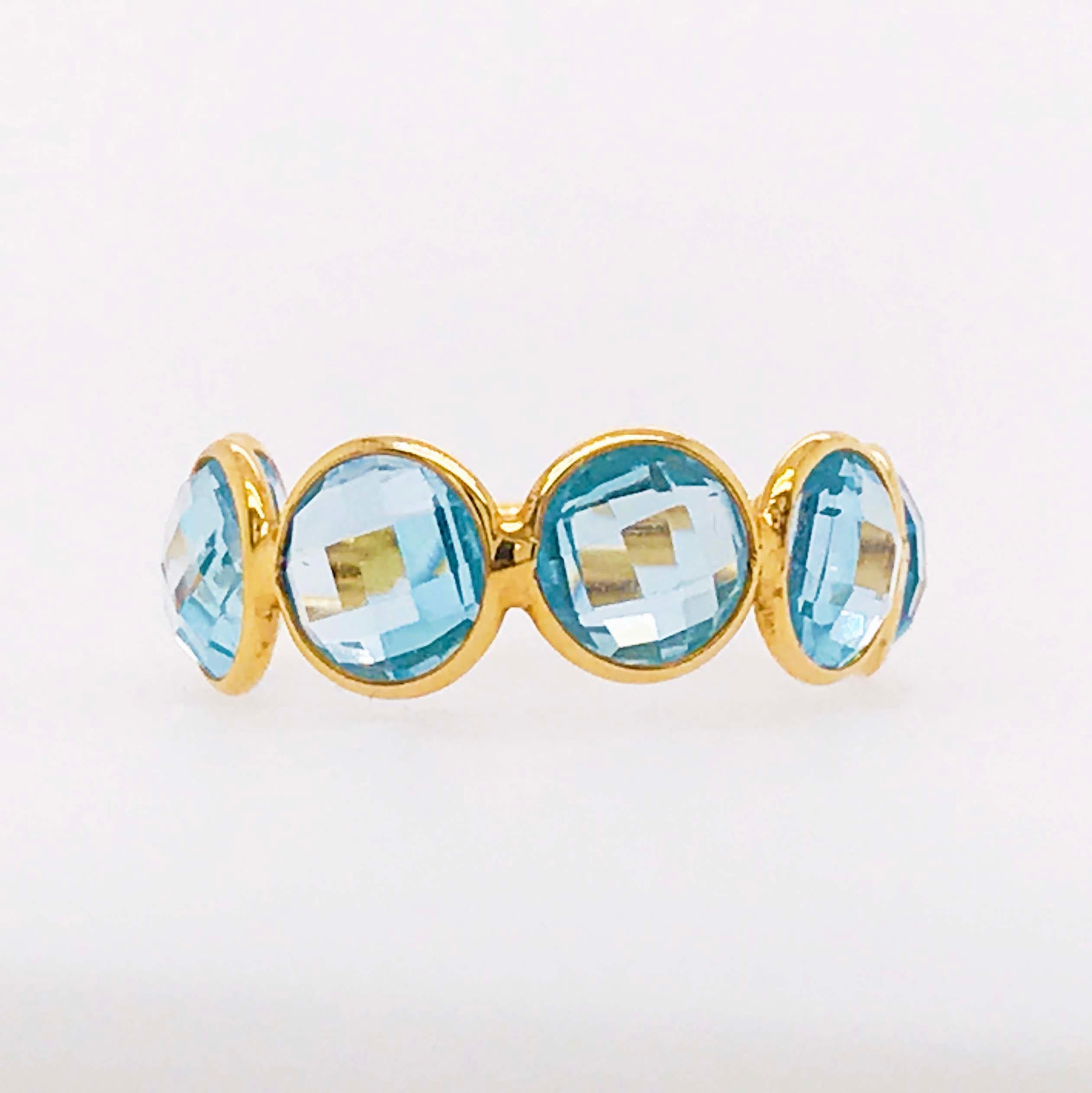 The adjustable, genuine blue topaz gemstone bezel ring is unique and custom! With genuine, natural blue topaz gemstones going ¾ around the adjustable band this 6 carat total weight ring is 