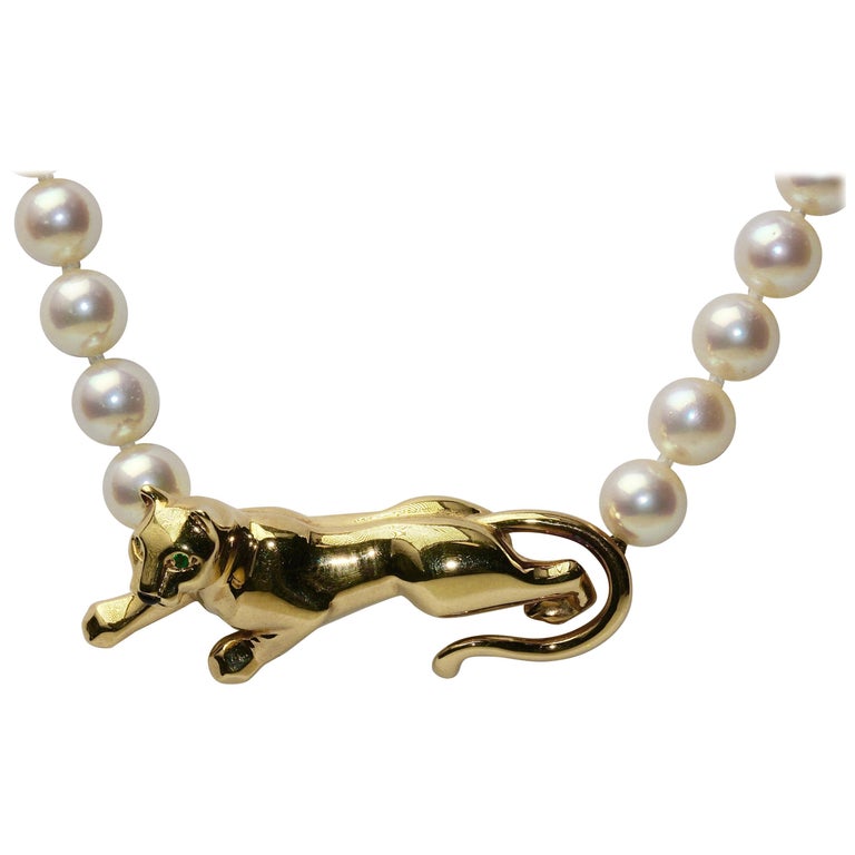 Original 18 Karat Gold Cartier Panthere Beaded Pearl Necklace at 1stDibs