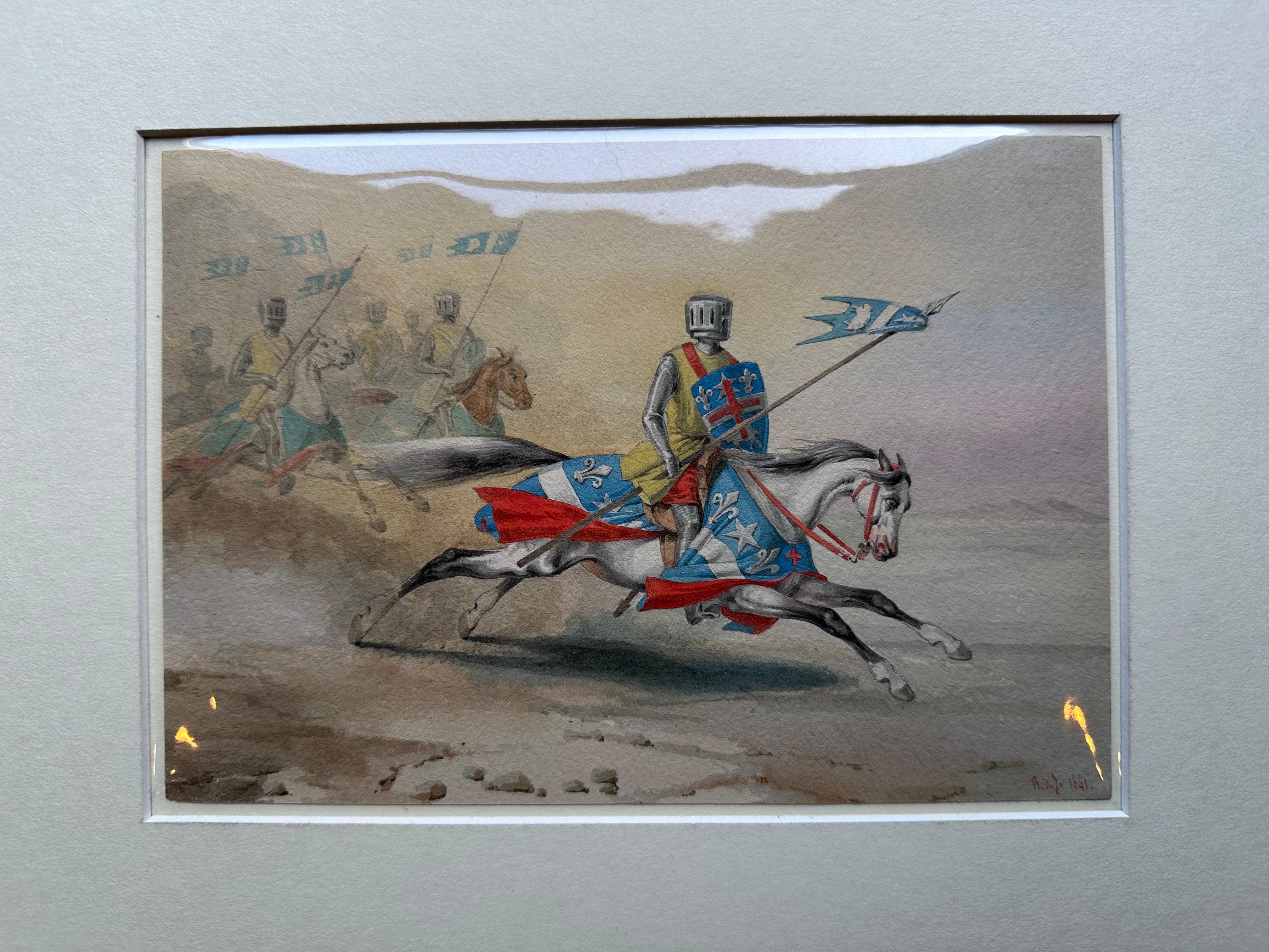 Titel: Ritter zu Pferd, Aquarell von Rémy Eugène Julièn, 1841

Beschreibung:
Dieses Original-Aquarell von Rémy Eugène Julièn (1797-1868) aus dem Jahr 1841 zeigt die eindrucksvolle Vision eines mittelalterlichen Ritters, der durch eine karge Ebene