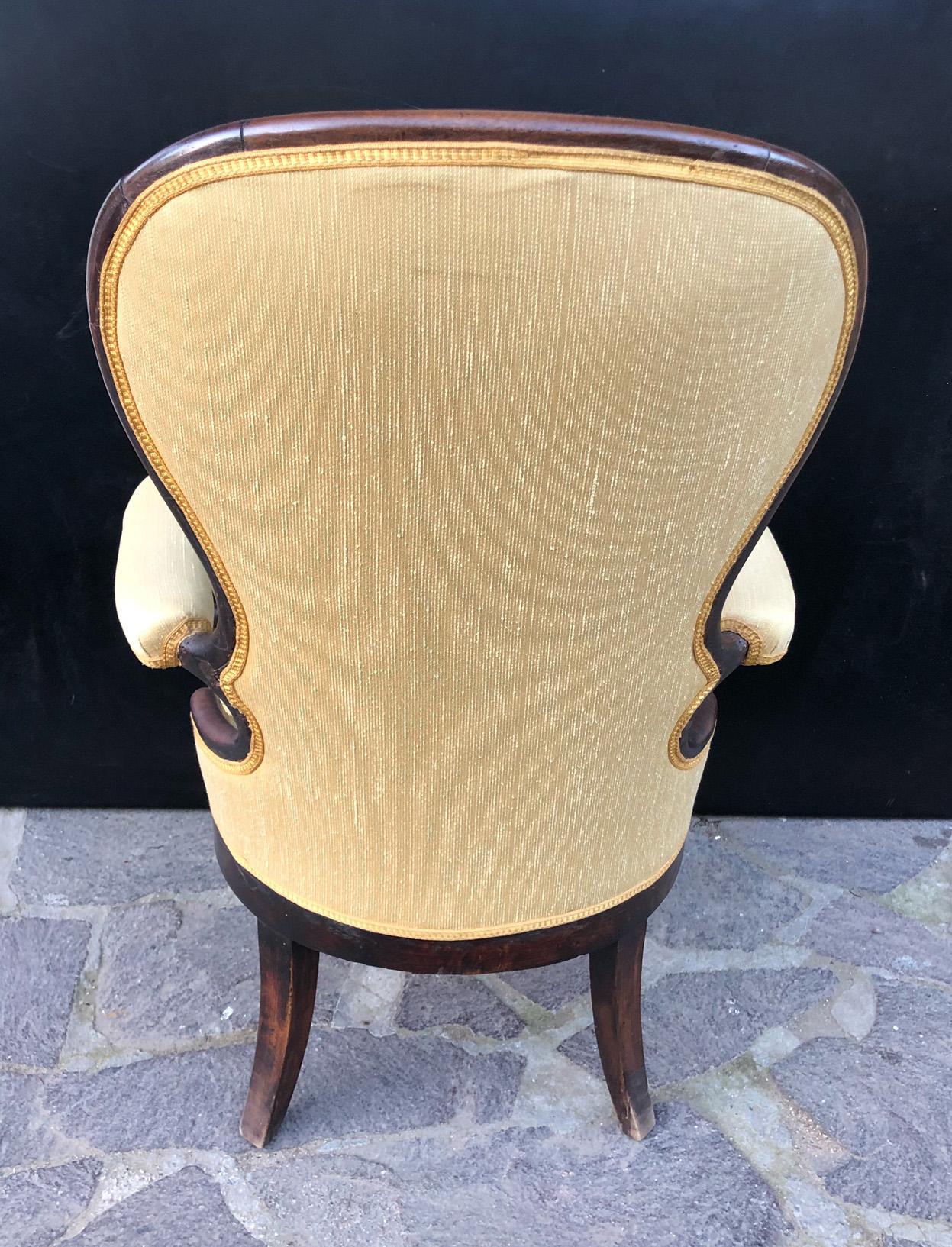 Charles X Uncommon Italian Armchair in Solid Walnut with New Upholstery For Sale