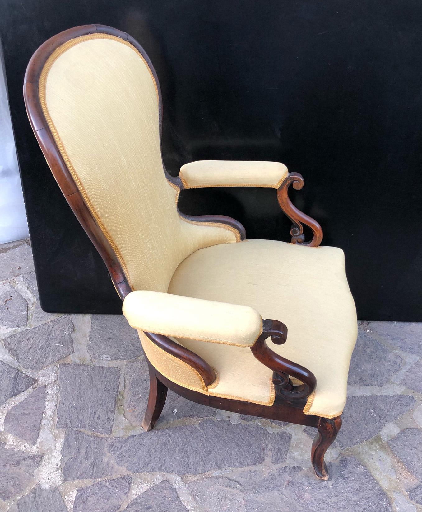 Mid-19th Century Uncommon Italian Armchair in Solid Walnut with New Upholstery For Sale