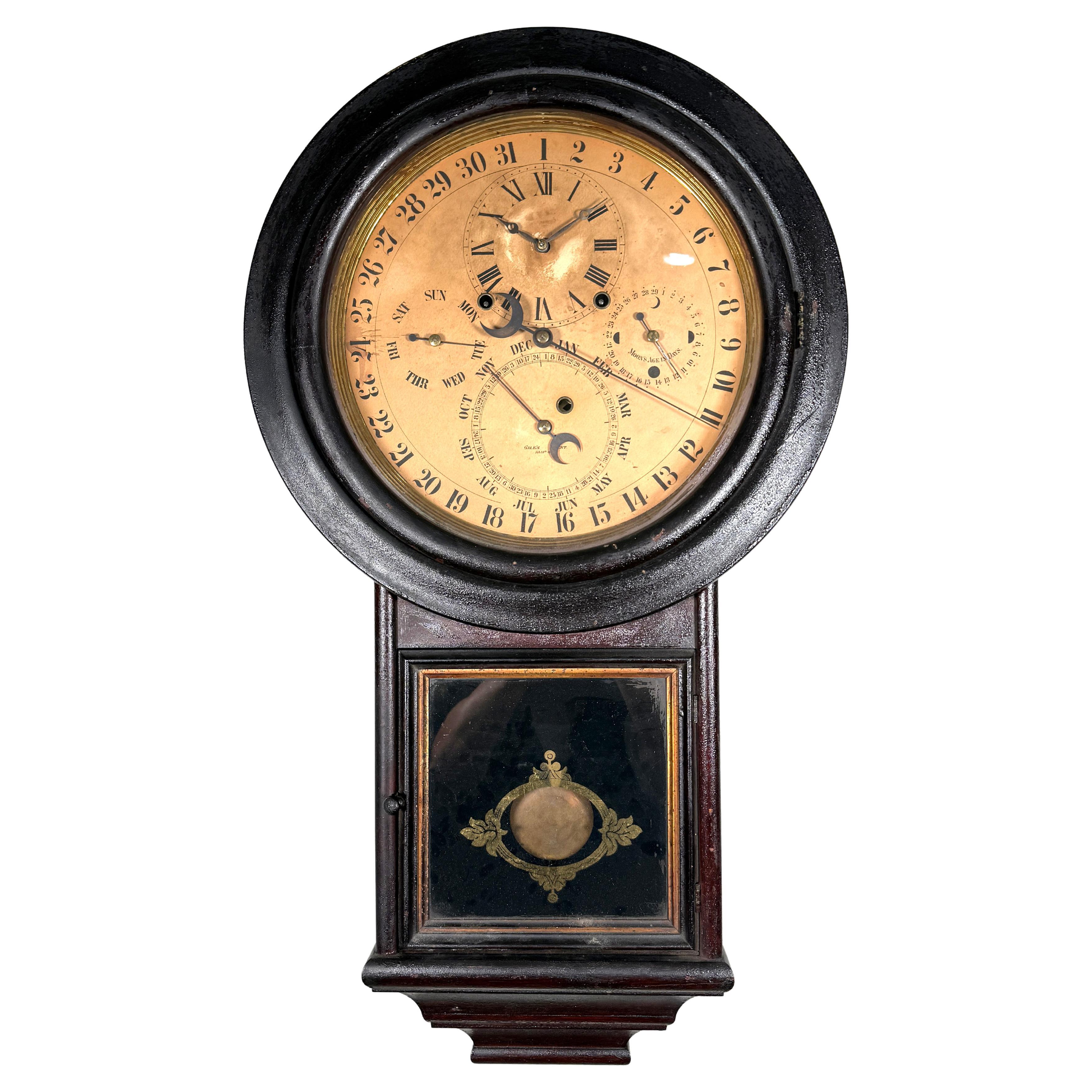 Original 1875 EN Welch Gale Drop 5 Dial 6 Hand Complication Calendar Wall Clock For Sale