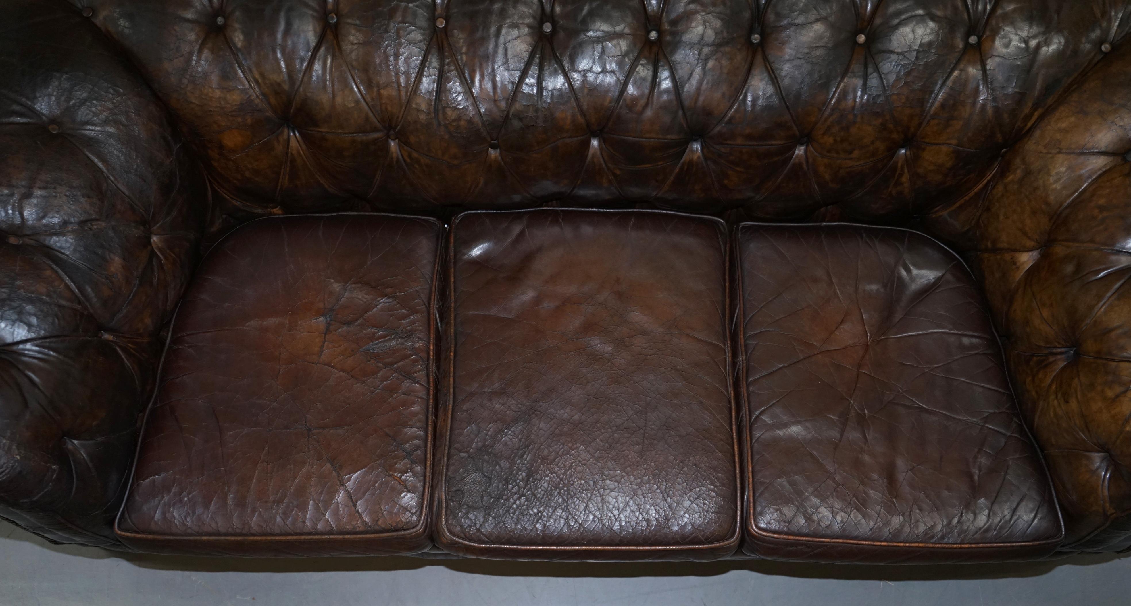 Original 1880 Brown Leather Victorian Chesterfield Club Sofa Horse Hair Filled 3
