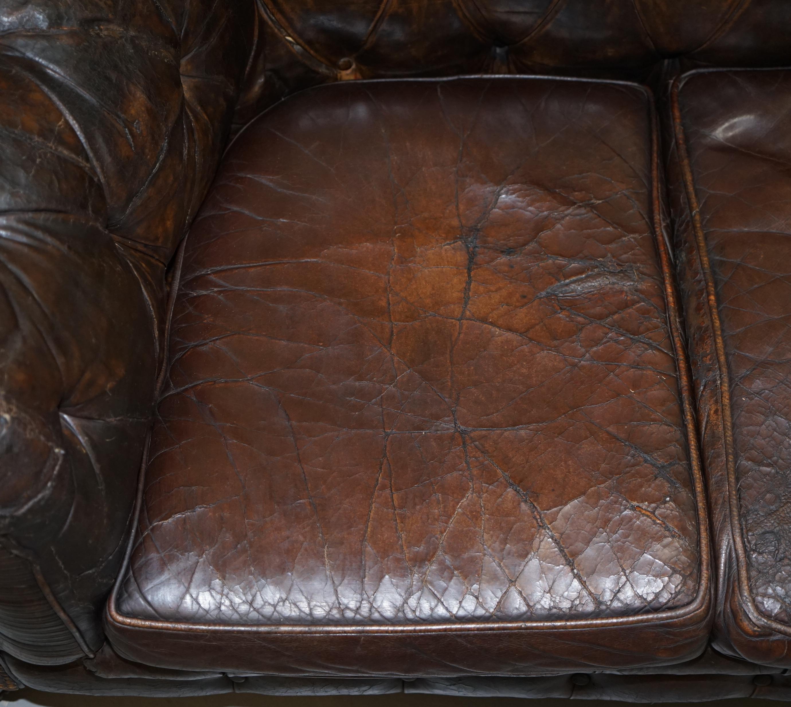 Original 1880 Brown Leather Victorian Chesterfield Club Sofa Horse Hair Filled 4