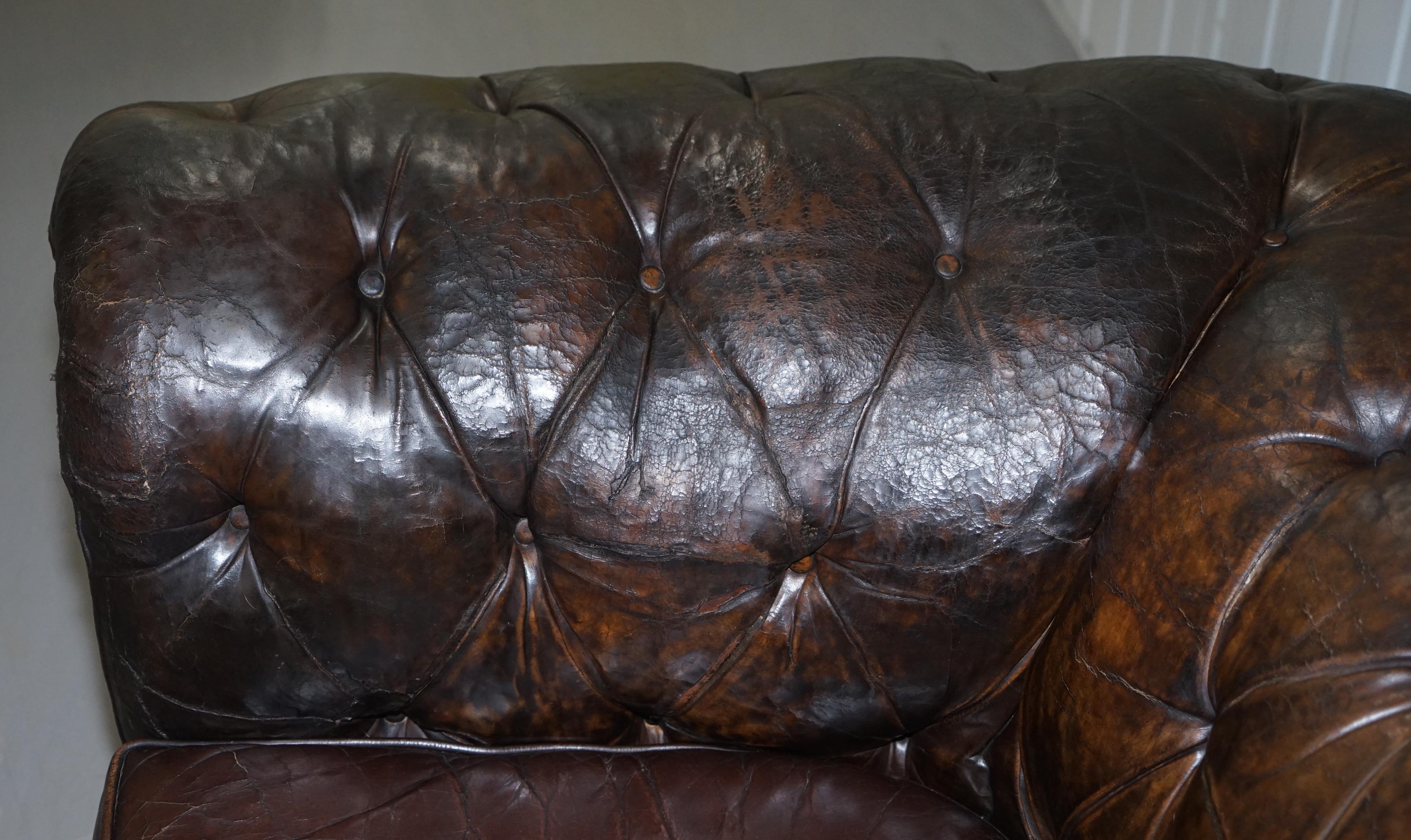 Original 1880 Brown Leather Victorian Chesterfield Club Sofa Horse Hair Filled 5