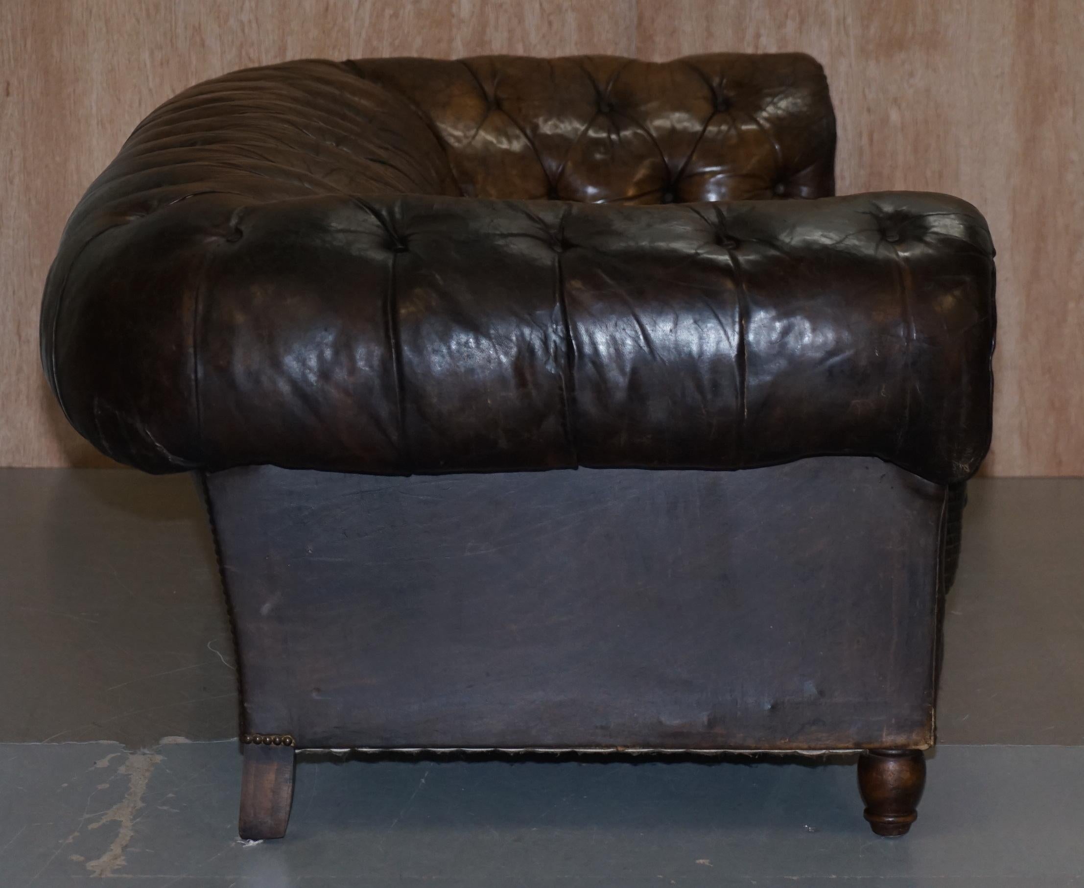 Original 1880 Brown Leather Victorian Chesterfield Club Sofa Horse Hair Filled 6