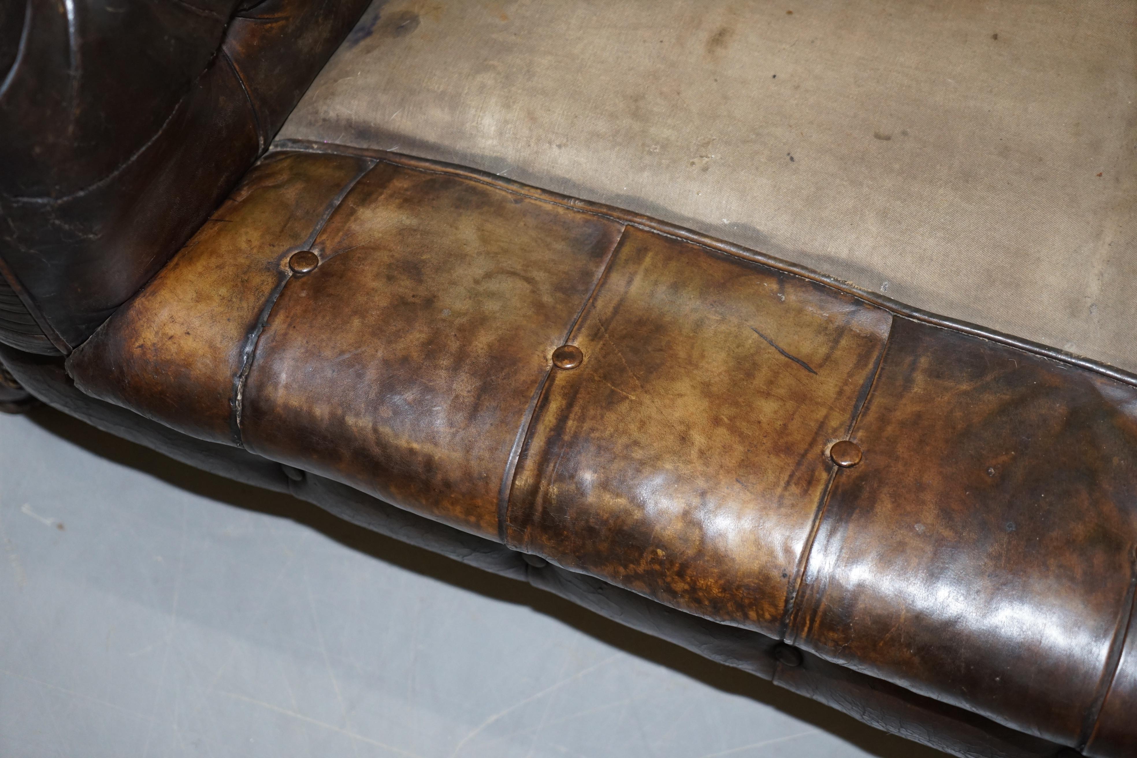 Original 1880 Brown Leather Victorian Chesterfield Club Sofa Horse Hair Filled 11