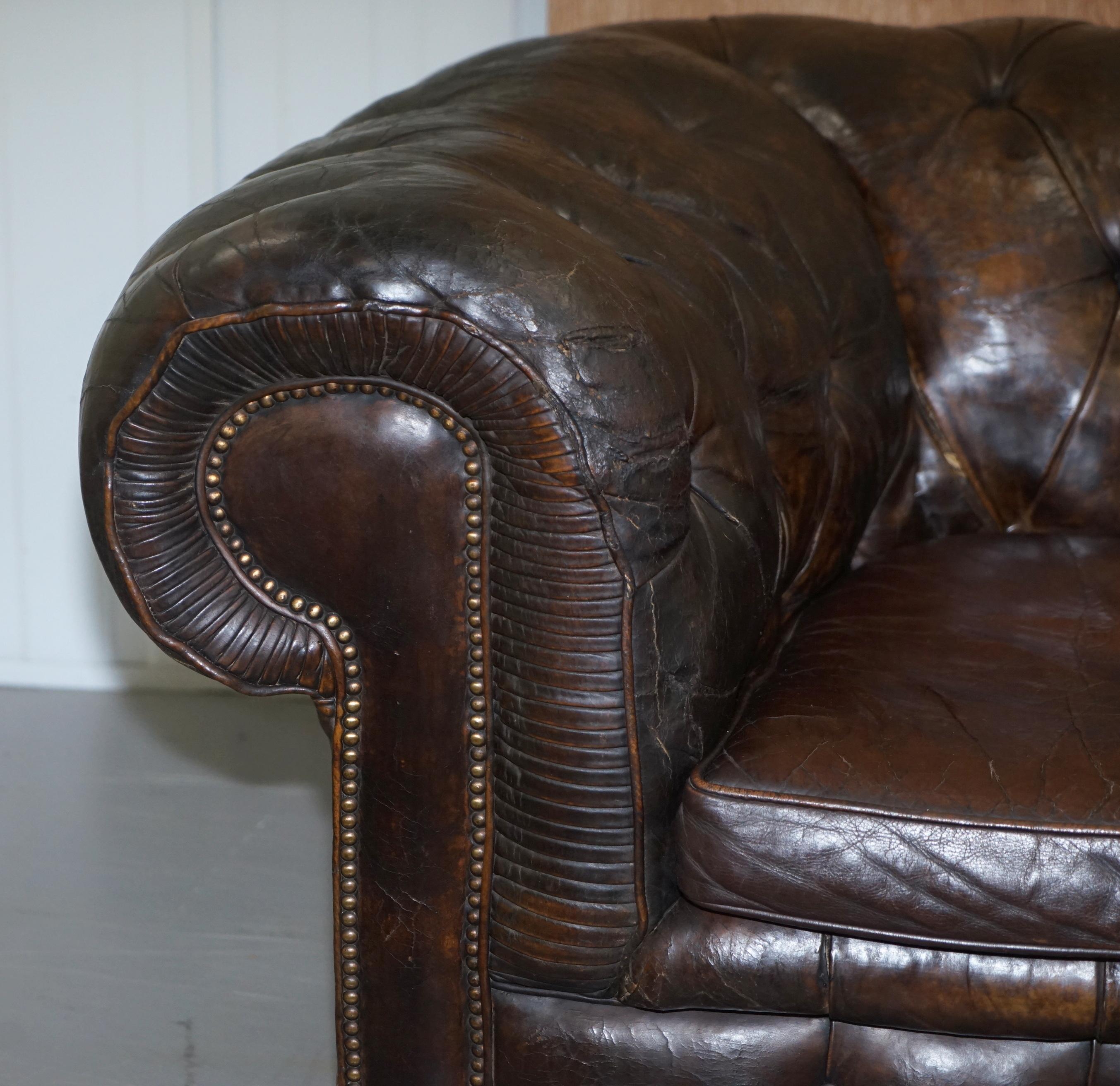 English Original 1880 Brown Leather Victorian Chesterfield Club Sofa Horse Hair Filled