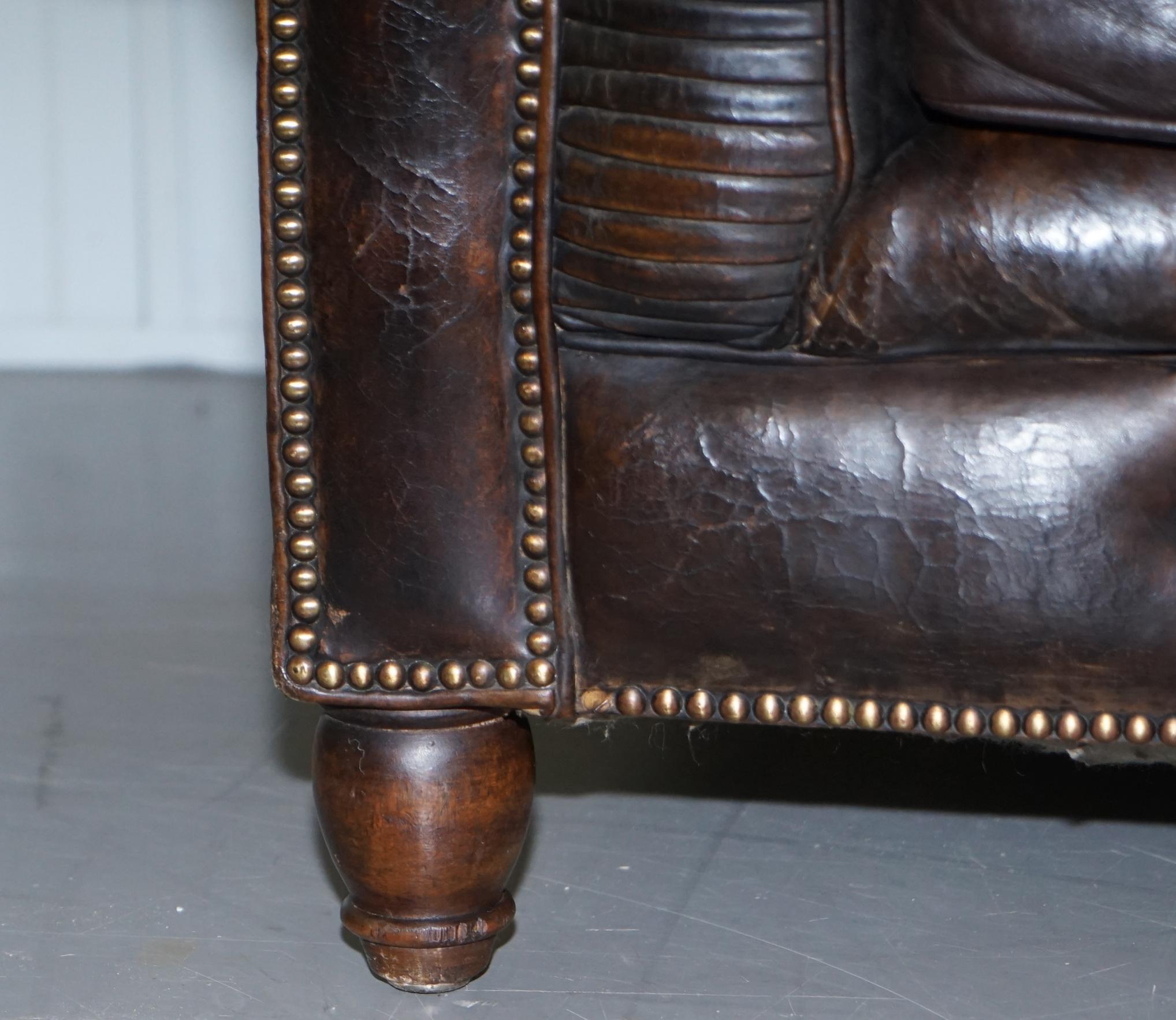 Hand-Crafted Original 1880 Brown Leather Victorian Chesterfield Club Sofa Horse Hair Filled