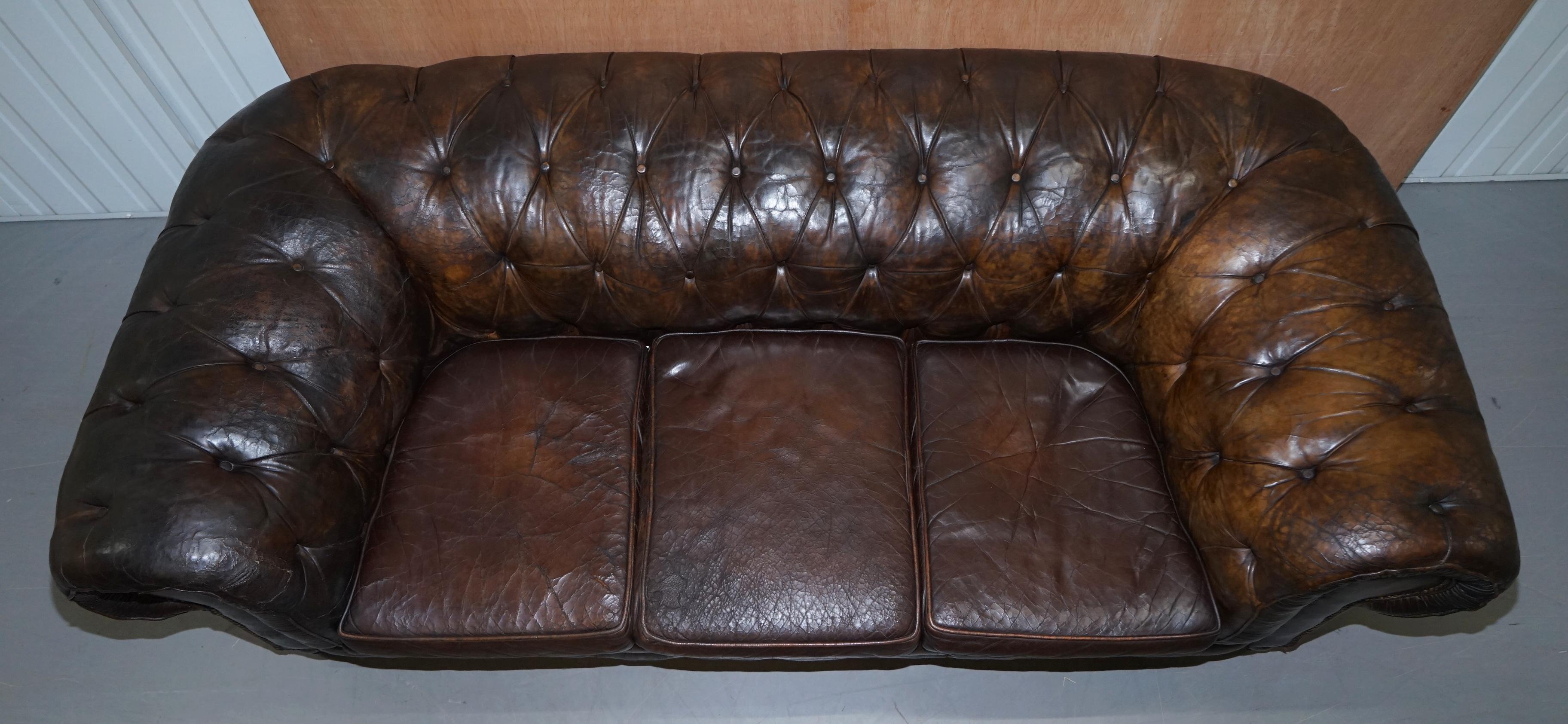 Late 19th Century Original 1880 Brown Leather Victorian Chesterfield Club Sofa Horse Hair Filled