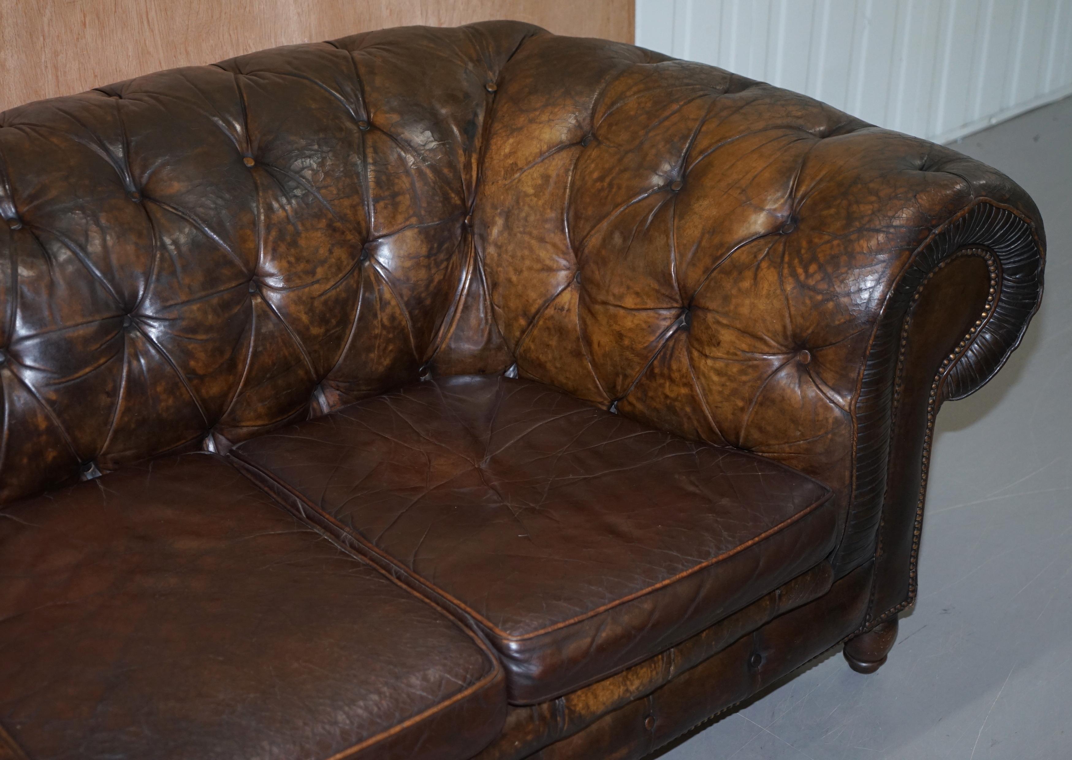 Original 1880 Brown Leather Victorian Chesterfield Club Sofa Horse Hair Filled 1