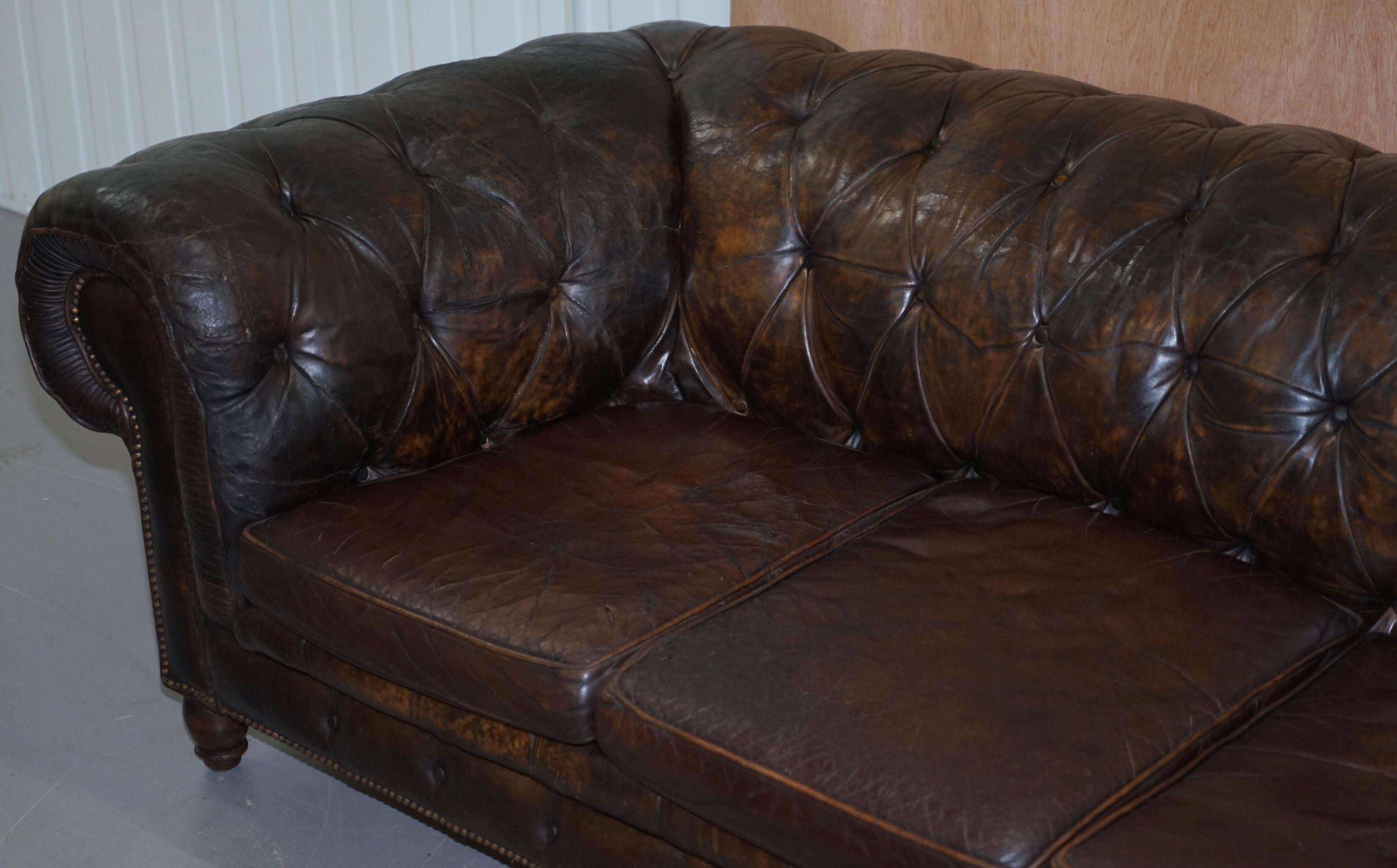 Original 1880 Brown Leather Victorian Chesterfield Club Sofa Horse Hair Filled 2