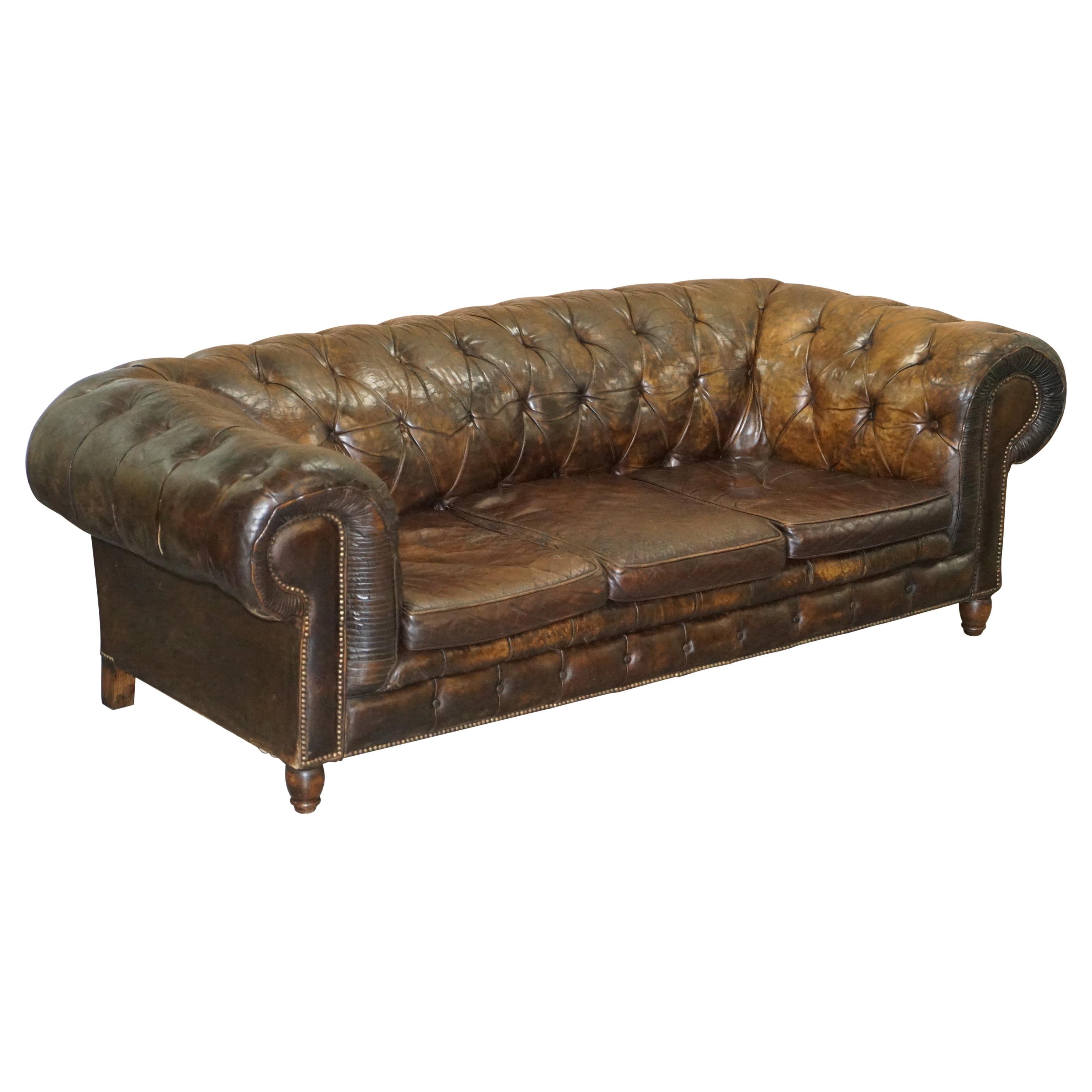 Original 1880 Brown Leather Victorian Chesterfield Club Sofa Horse Hair Filled