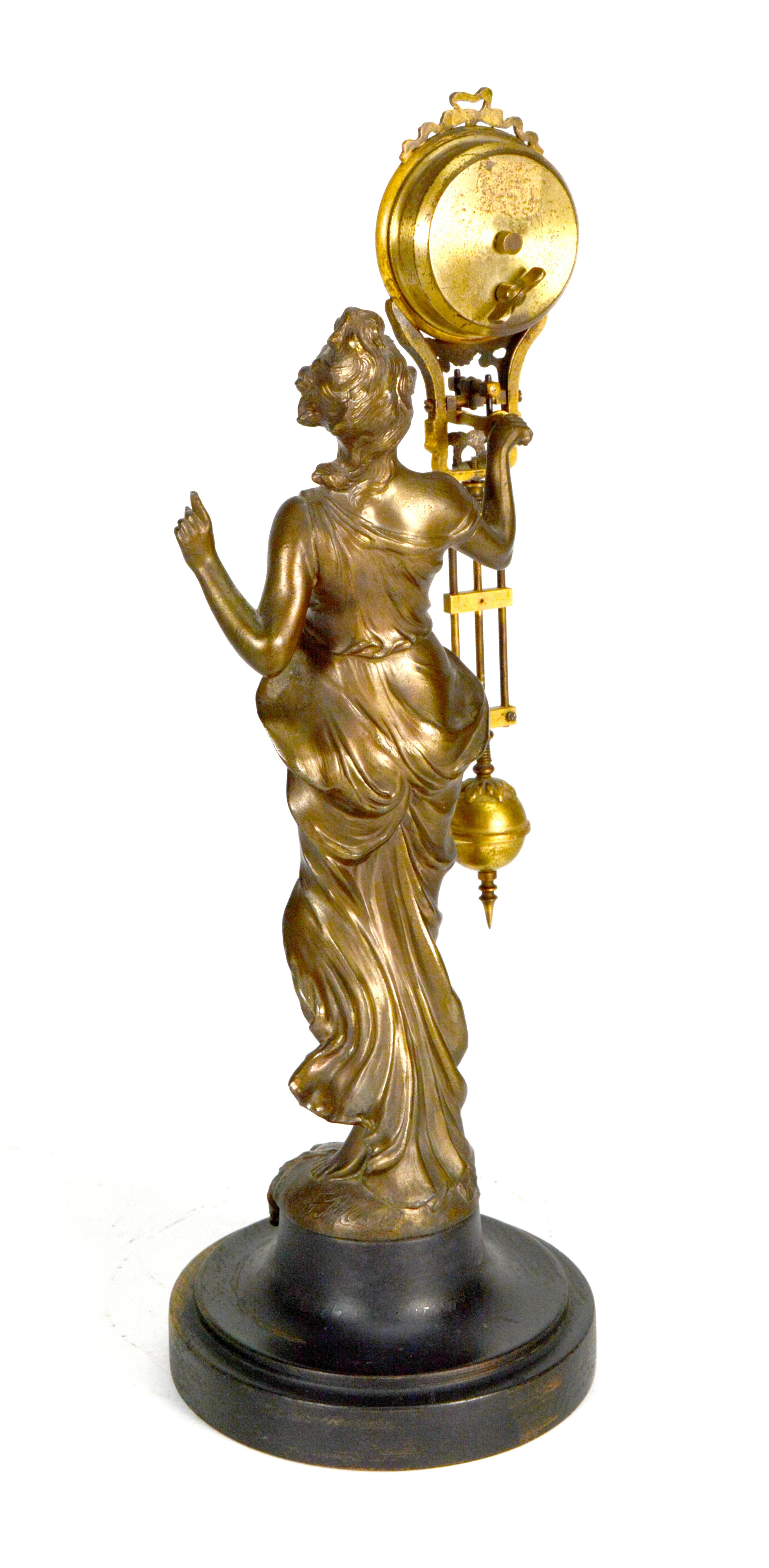 Original 1900 Antique German Junghans Diana Lady Statue 8 Day Swinging Clock In Good Condition For Sale In Danville, CA