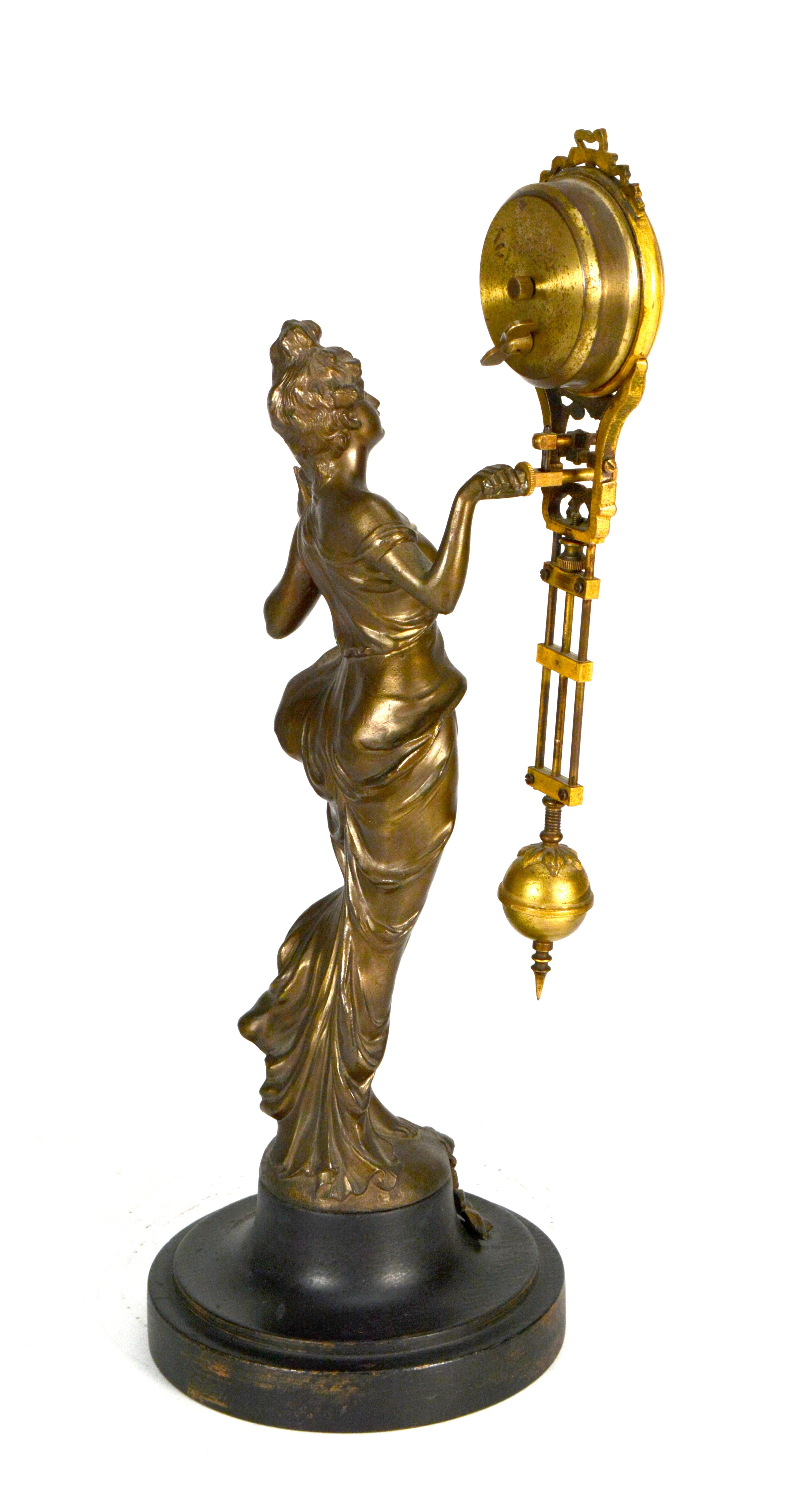 Early 20th Century Original 1900 Antique German Junghans Diana Lady Statue 8 Day Swinging Clock For Sale