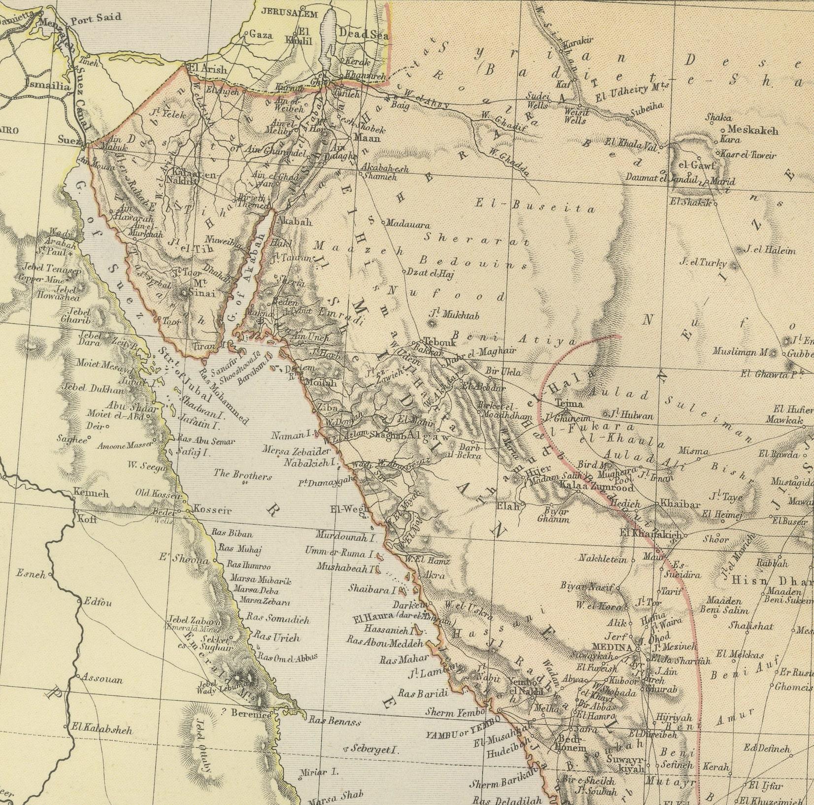 Original 1882 Map of Arabia, Red Sea & Persian Gulf In Good Condition For Sale In Langweer, NL