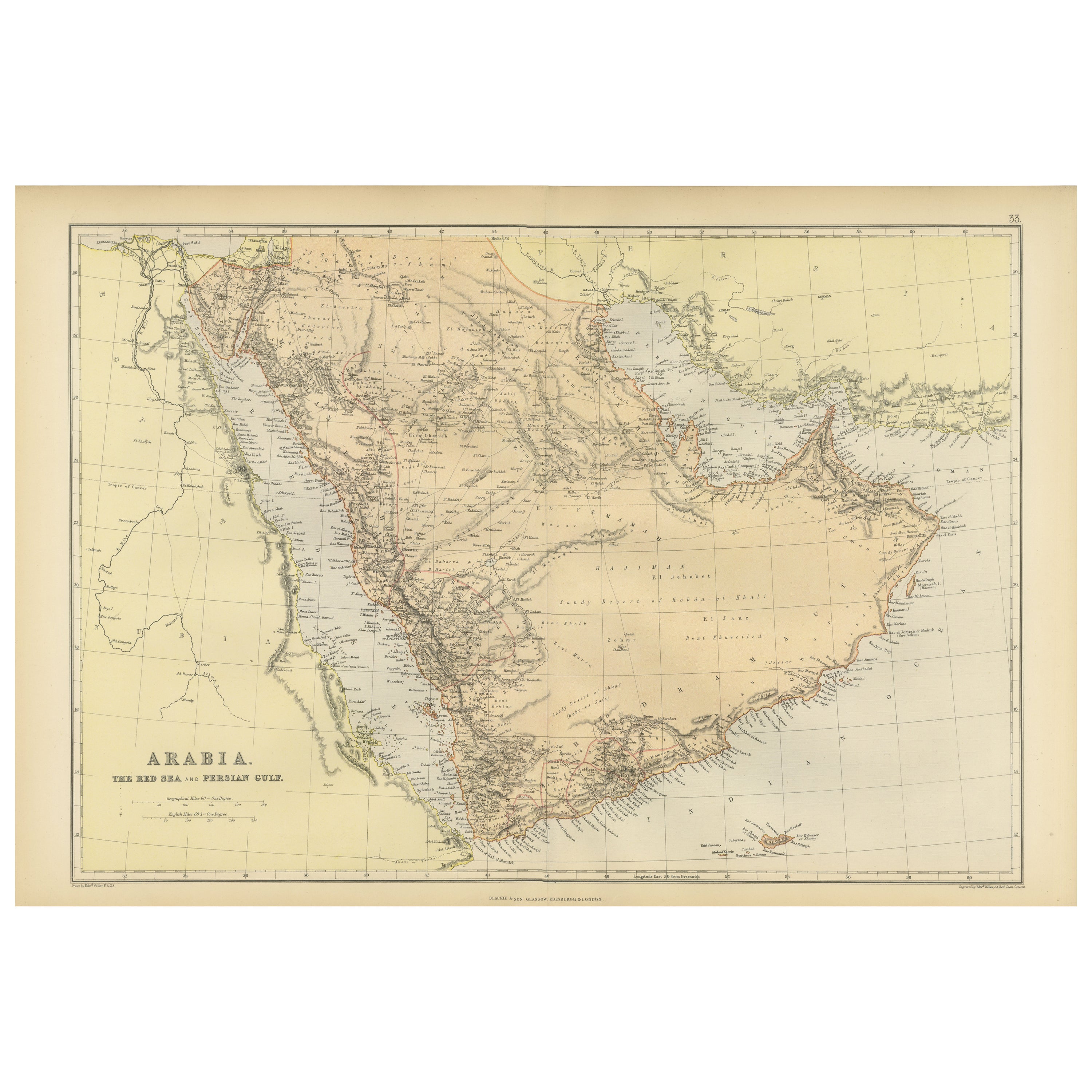 Mappa originale del 1882 dell'Arabia, del Mar Rosso e del Golfo Persico in vendita