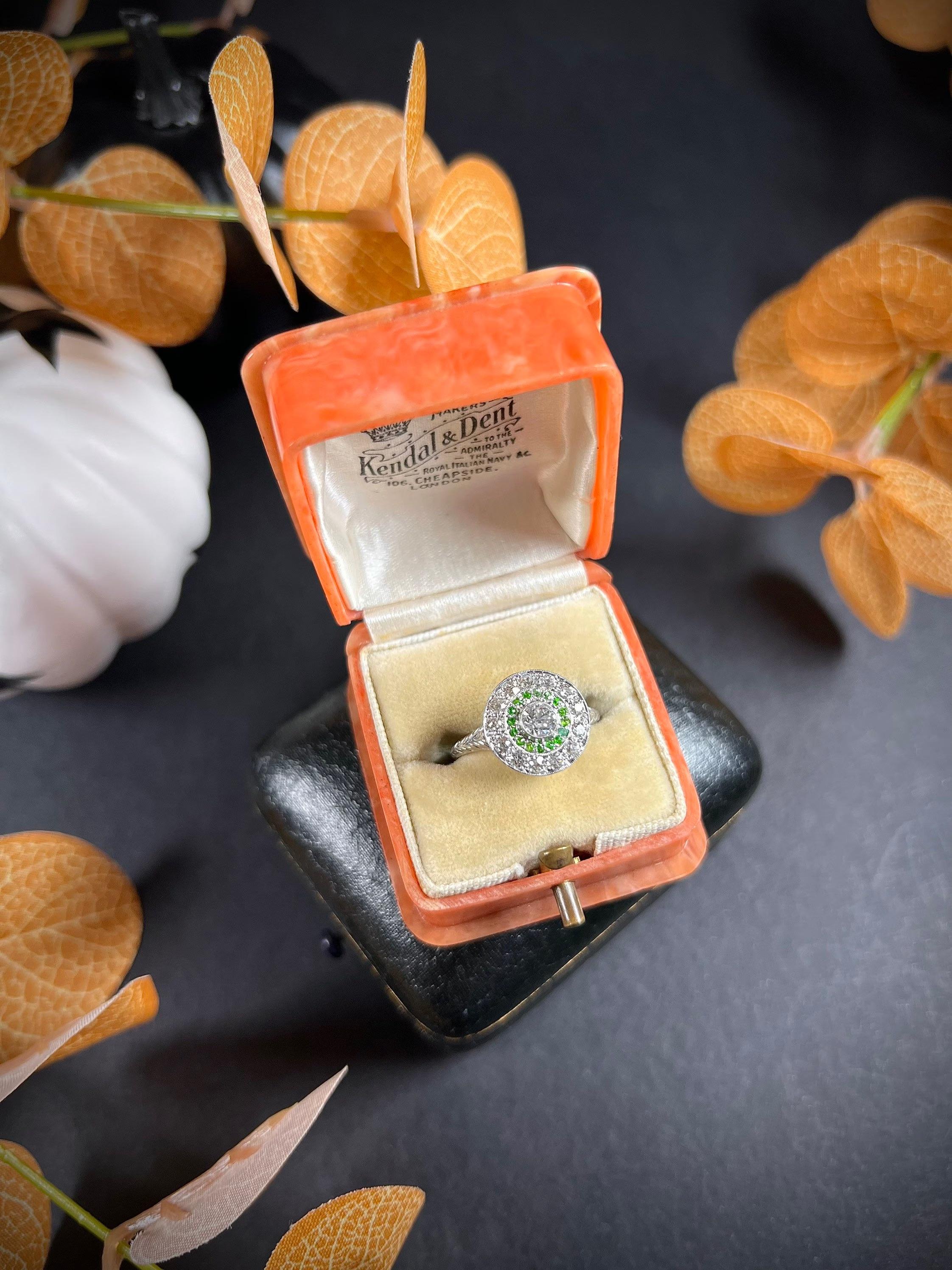 Original 18ct White Gold Edwardian Demantoid Garnet & Diamond Target Ring For Sale 3