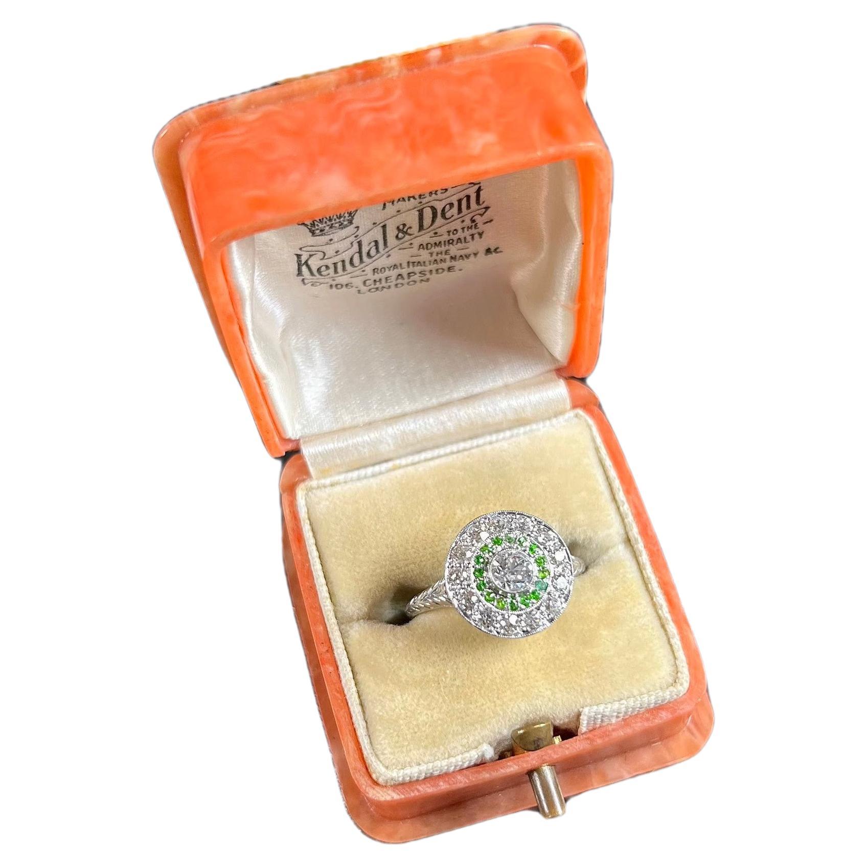 Original 18ct White Gold Edwardian Demantoid Garnet & Diamond Target Ring For Sale