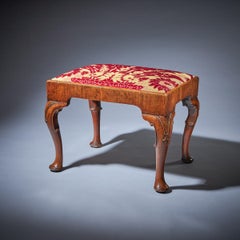 Original 18th Century Queen Anne Walnut Stool on Carved Cabriole Legs