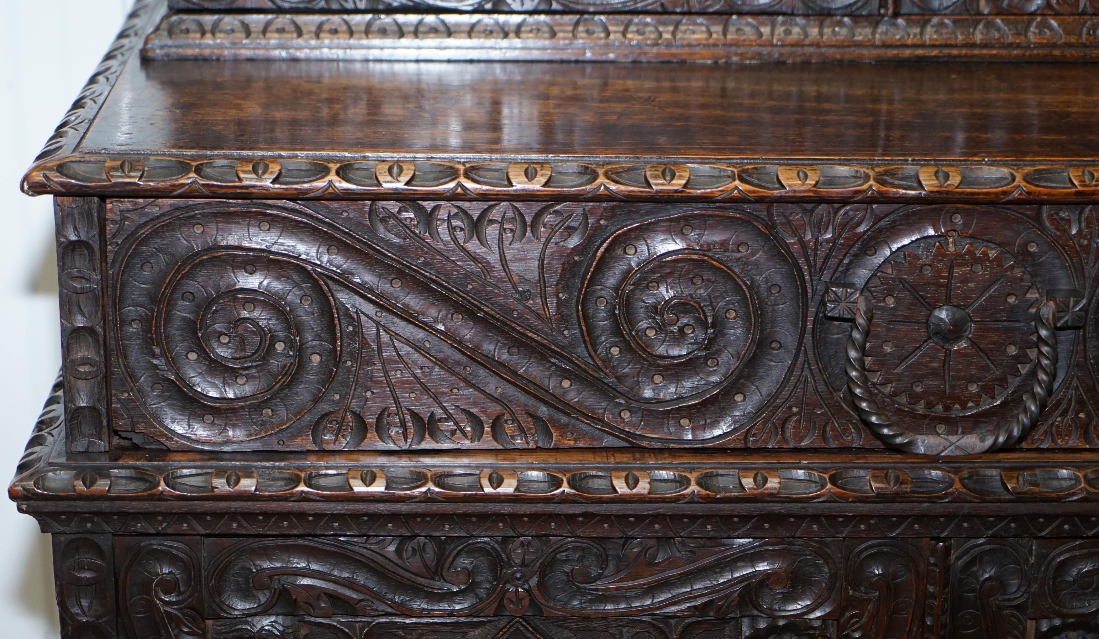 Original 18th Century Solid English Oak Hand-Carved Bookcase Cabinet, circa 1740 6