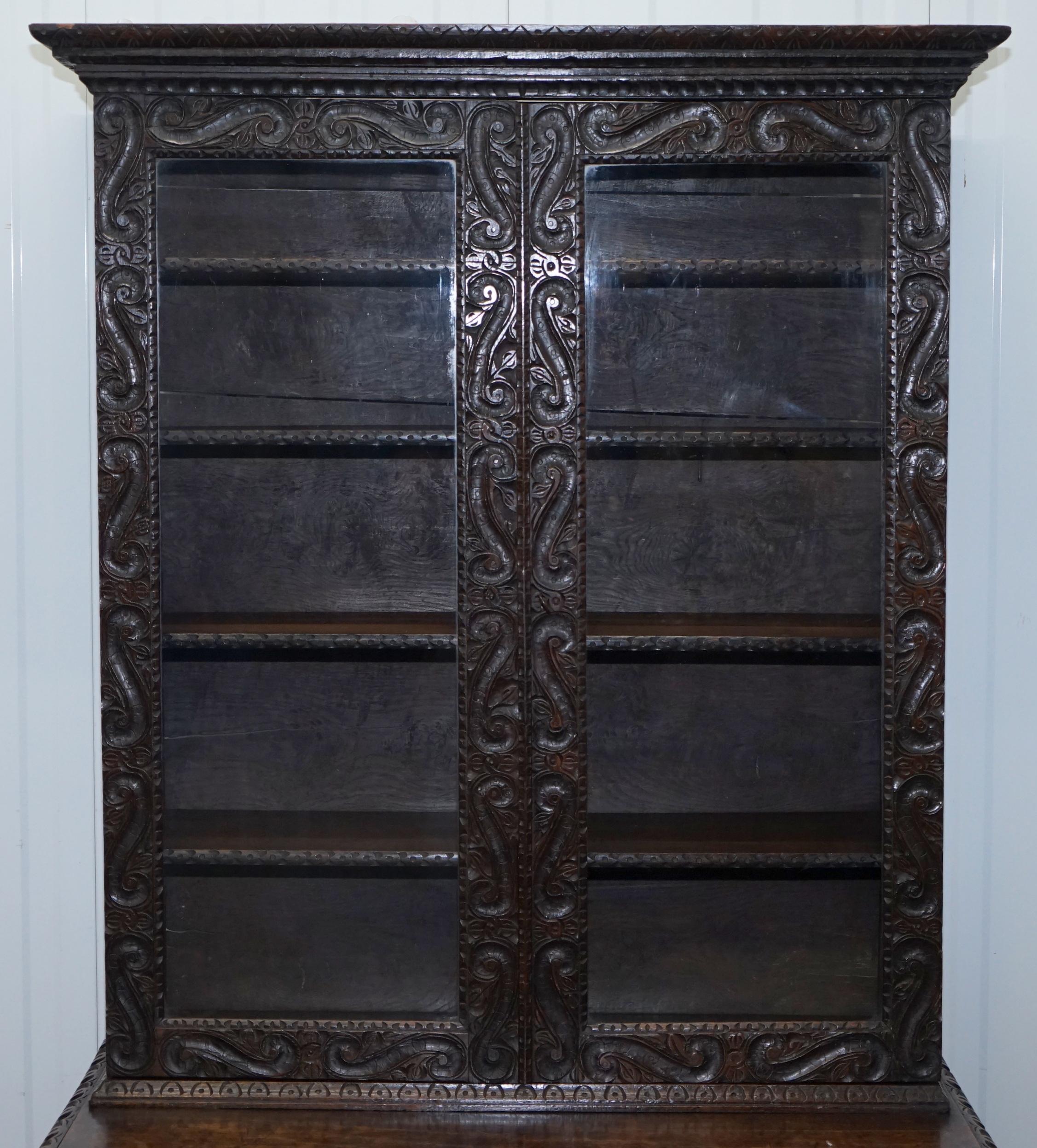 Original 18th Century Solid English Oak Hand-Carved Bookcase Cabinet, circa 1740 8