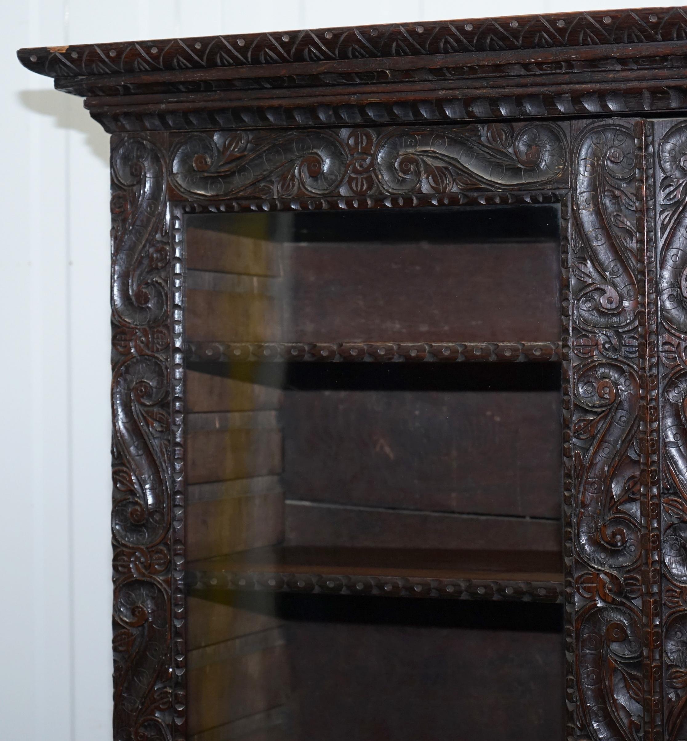 Original 18th Century Solid English Oak Hand-Carved Bookcase Cabinet, circa 1740 9