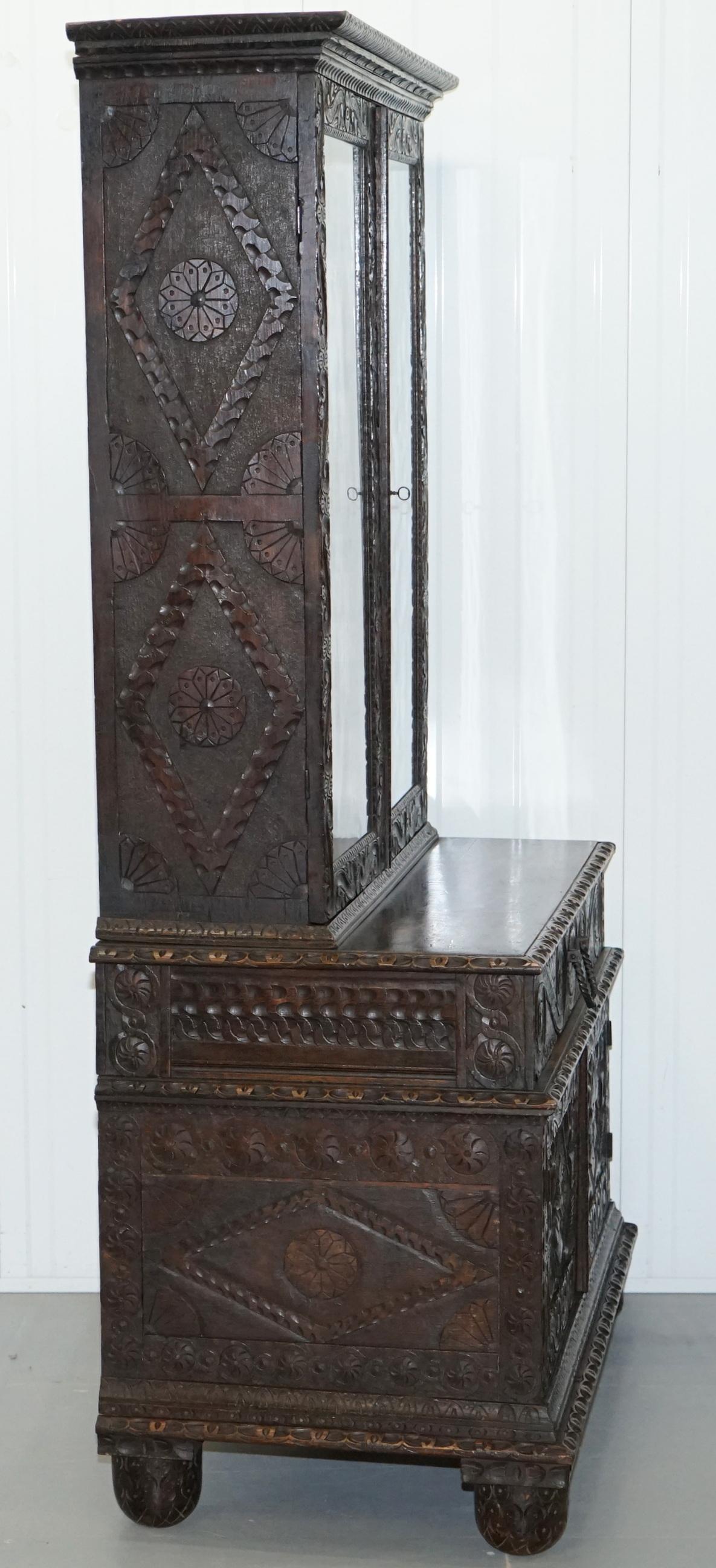 Original 18th Century Solid English Oak Hand-Carved Bookcase Cabinet, circa 1740 10