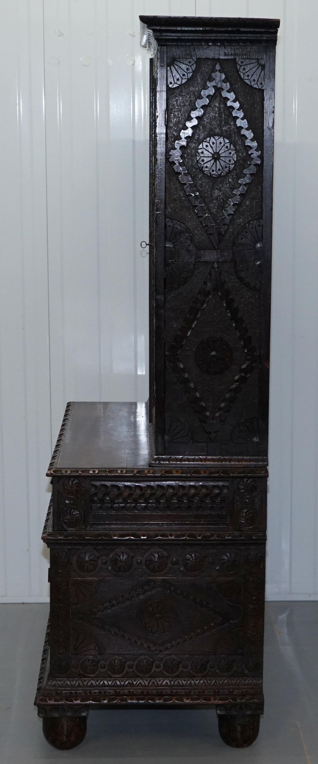 Original 18th Century Solid English Oak Hand-Carved Bookcase Cabinet, circa 1740 12