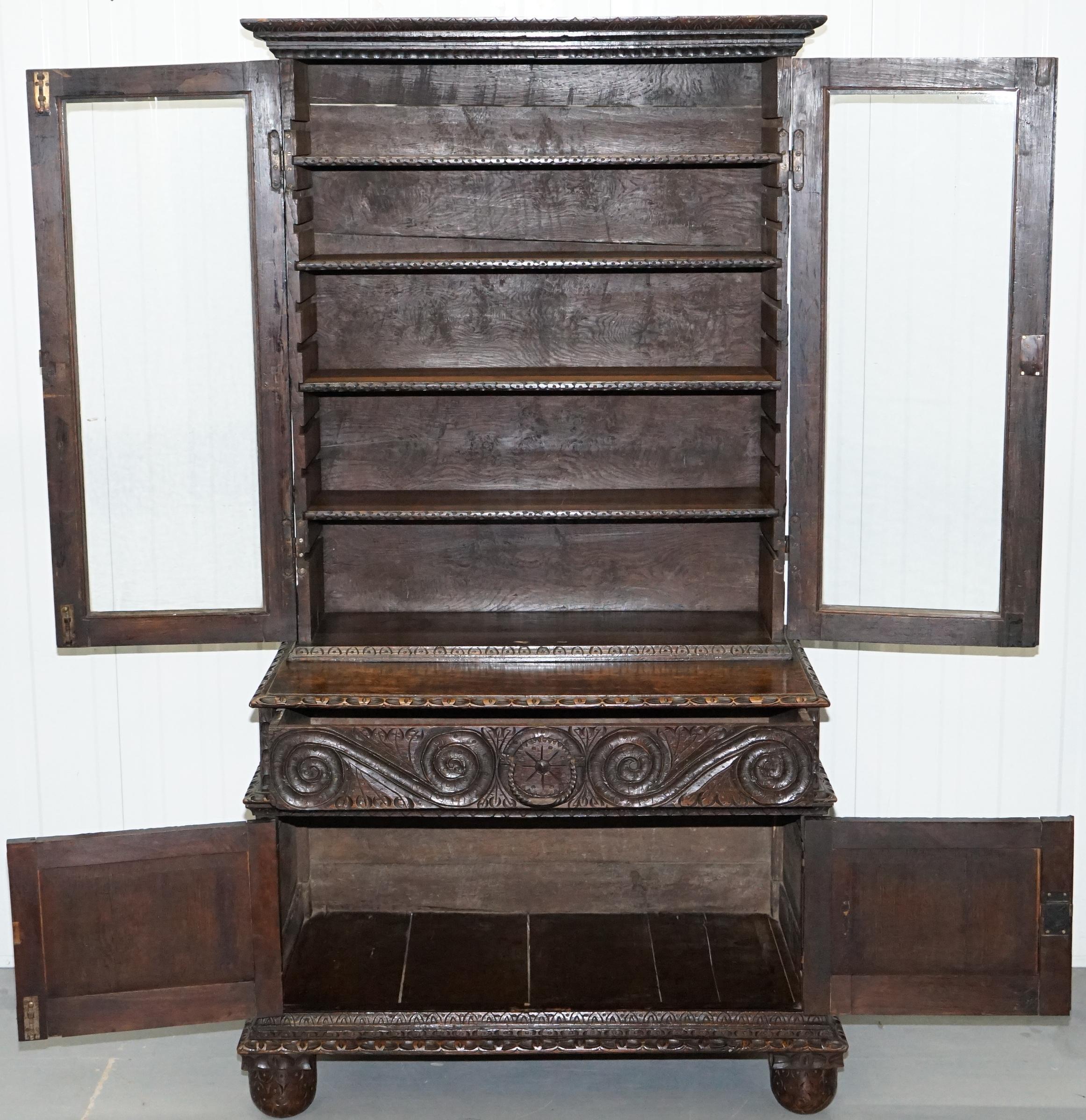 Original 18th Century Solid English Oak Hand-Carved Bookcase Cabinet, circa 1740 13