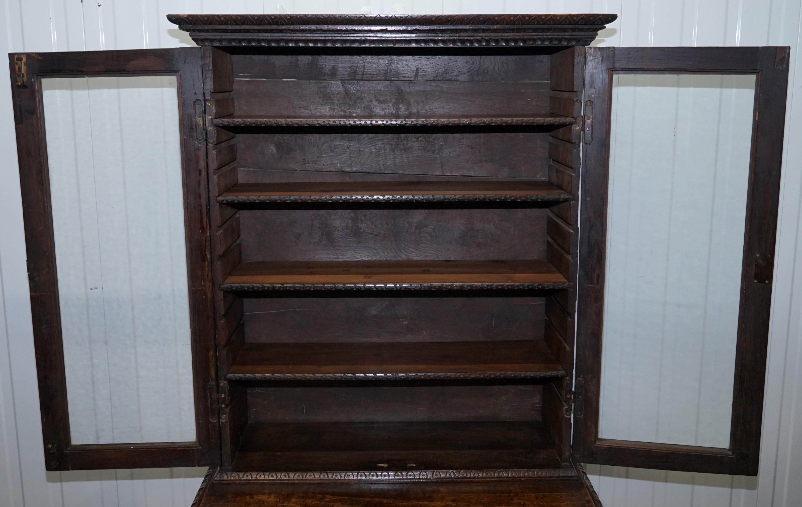Original 18th Century Solid English Oak Hand-Carved Bookcase Cabinet, circa 1740 14