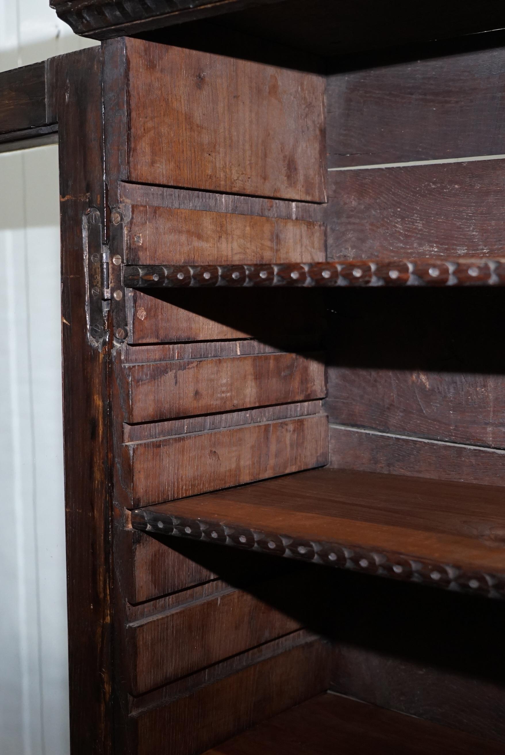 Original 18th Century Solid English Oak Hand-Carved Bookcase Cabinet, circa 1740 15