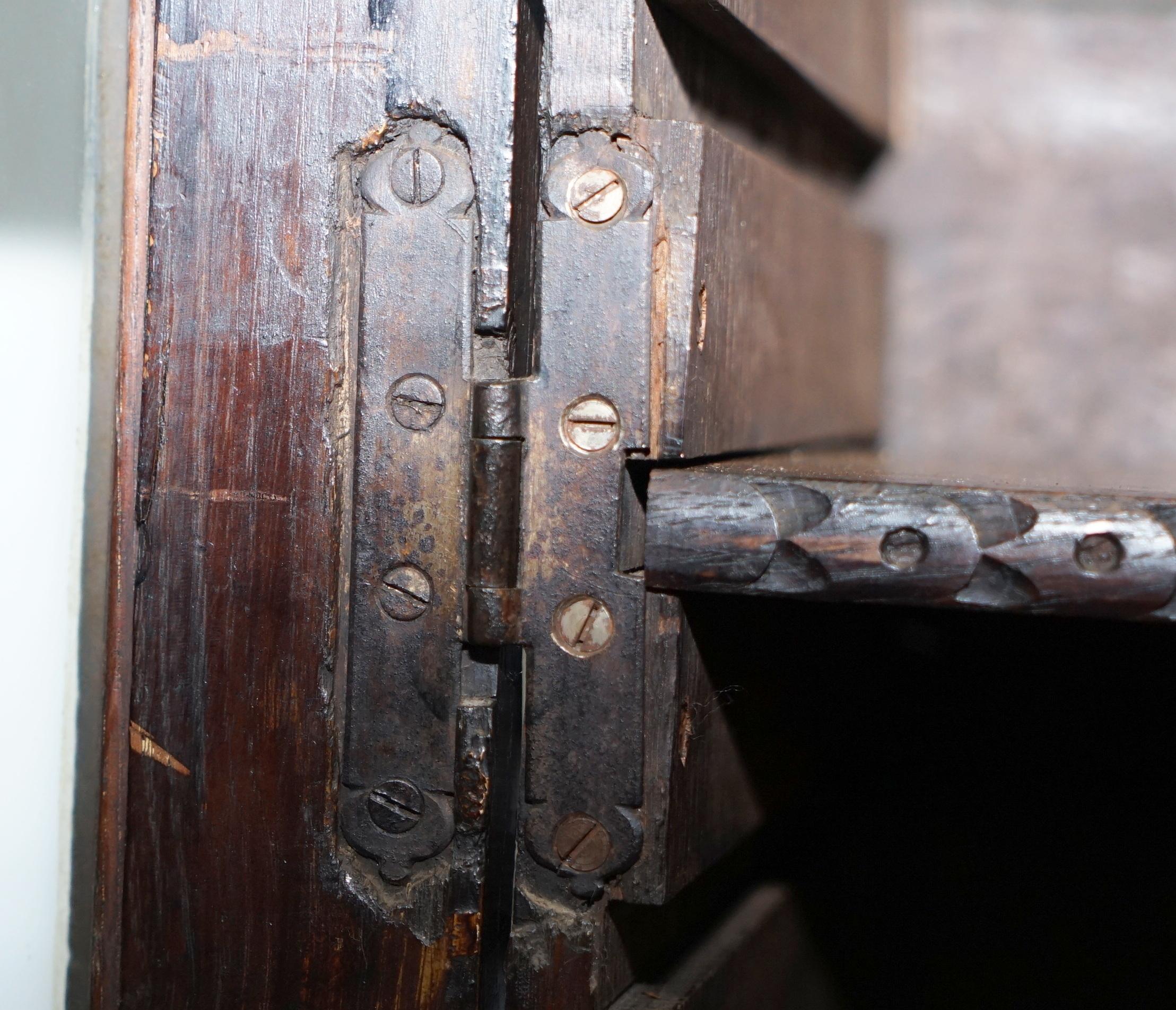 Original 18th Century Solid English Oak Hand-Carved Bookcase Cabinet, circa 1740 16