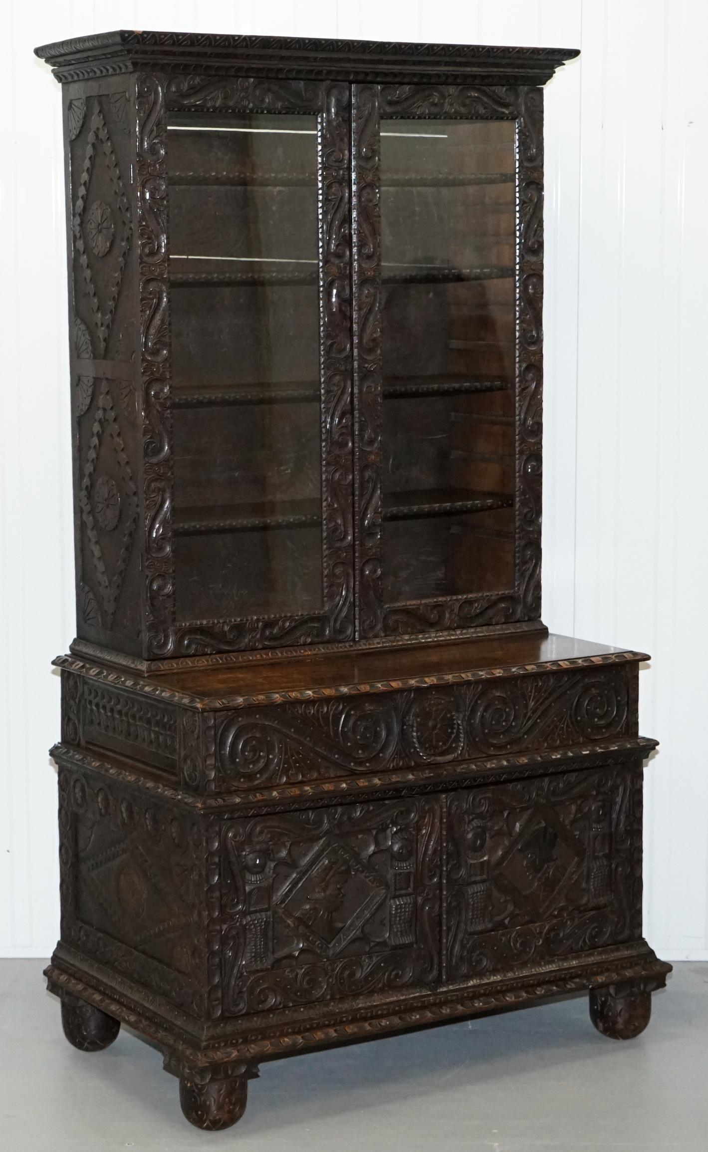 George II Original 18th Century Solid English Oak Hand-Carved Bookcase Cabinet, circa 1740