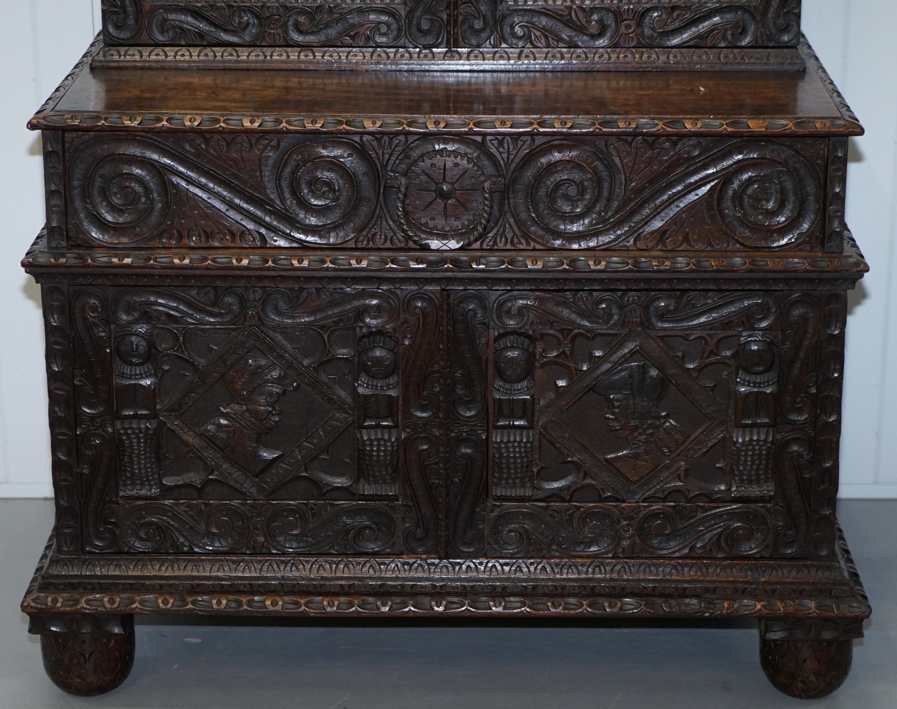 Glass Original 18th Century Solid English Oak Hand-Carved Bookcase Cabinet, circa 1740
