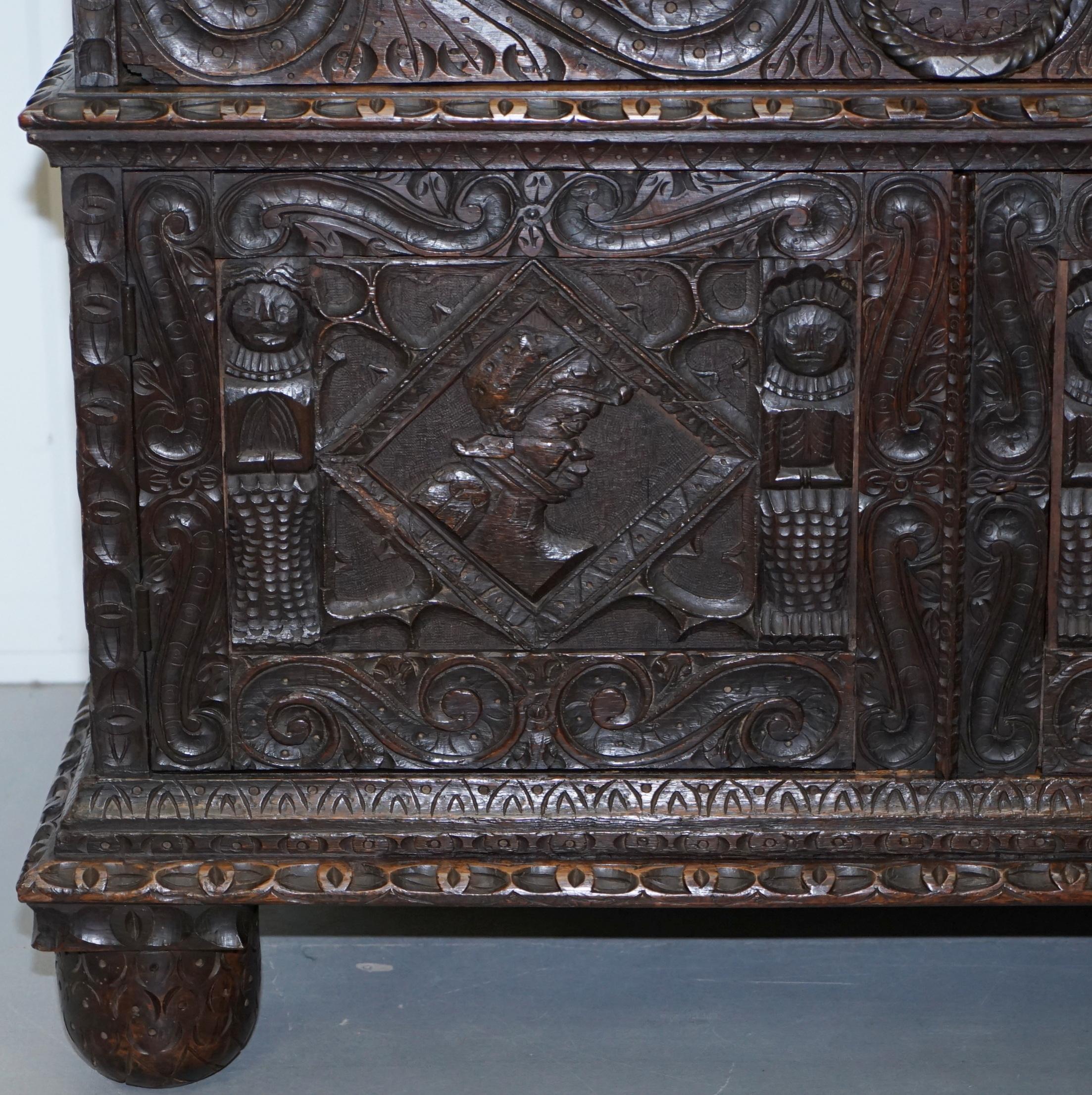 Original 18th Century Solid English Oak Hand-Carved Bookcase Cabinet, circa 1740 1