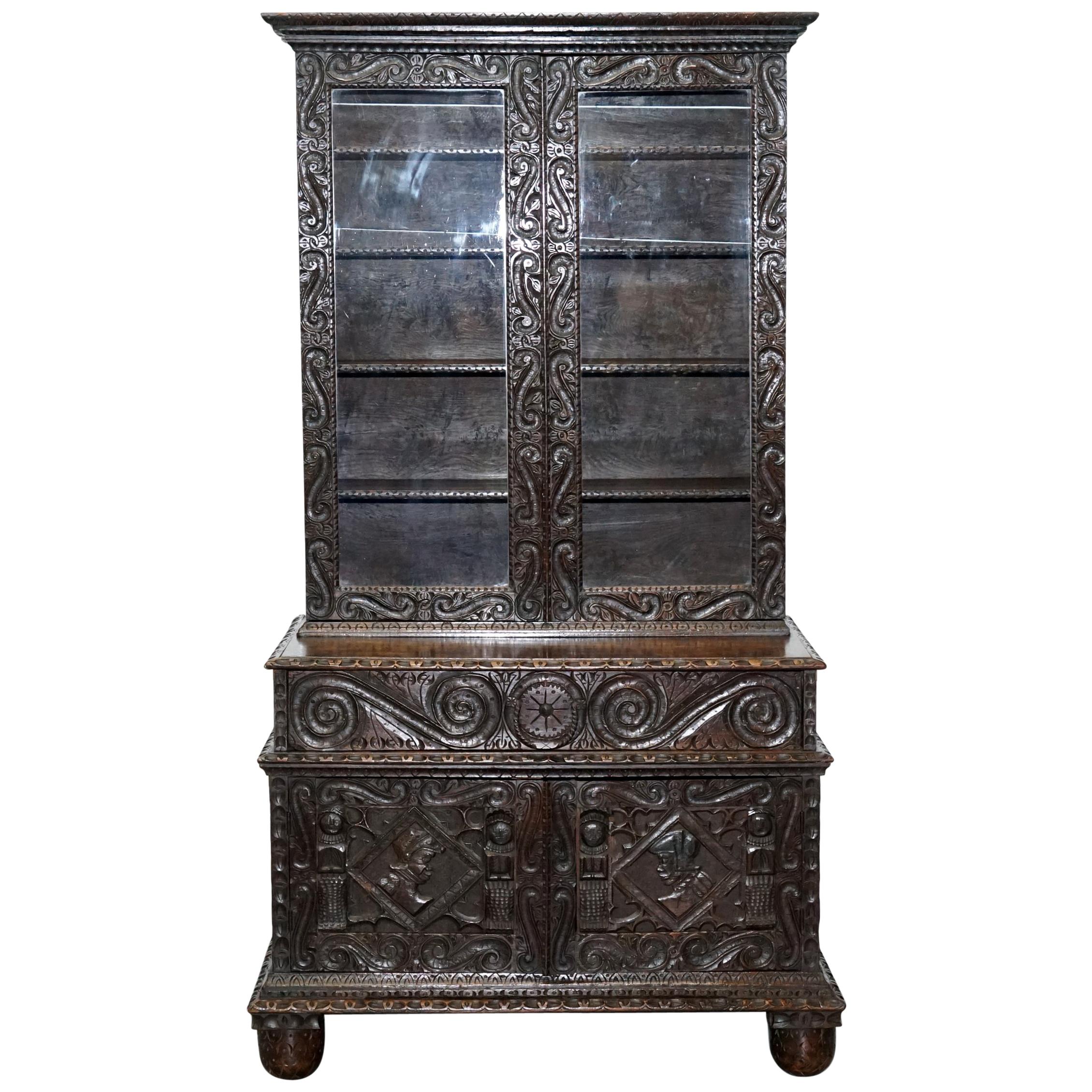 Original 18th Century Solid English Oak Hand-Carved Bookcase Cabinet, circa 1740