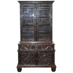 Antique Original 18th Century Solid English Oak Hand-Carved Bookcase Cabinet, circa 1740